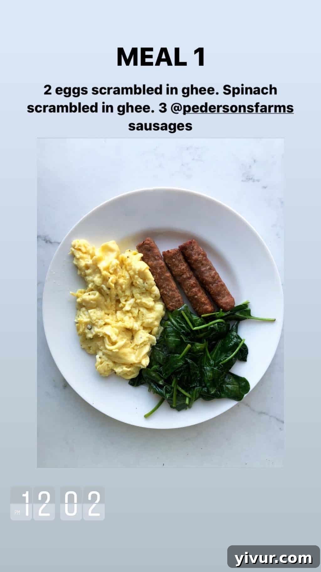 My Clean Keto Whole30 January 2020 Food Diary 31 Scrambled eggs in ghee, sautéed spinach, and Pederson's Farms sausages
