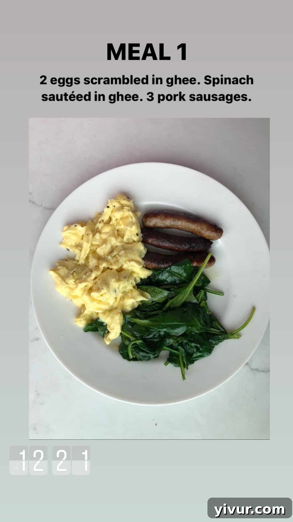 My Clean Keto Whole30 January 2020 Food Diary 34 Scrambled eggs in ghee, sautéed spinach, and Pederson's Farms sausages for breakfast