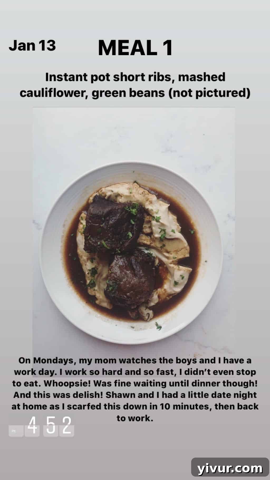 My Clean Keto Whole30 January 2020 Food Diary 38 Instant Pot Moroccan short ribs, mashed cauliflower, and green beans