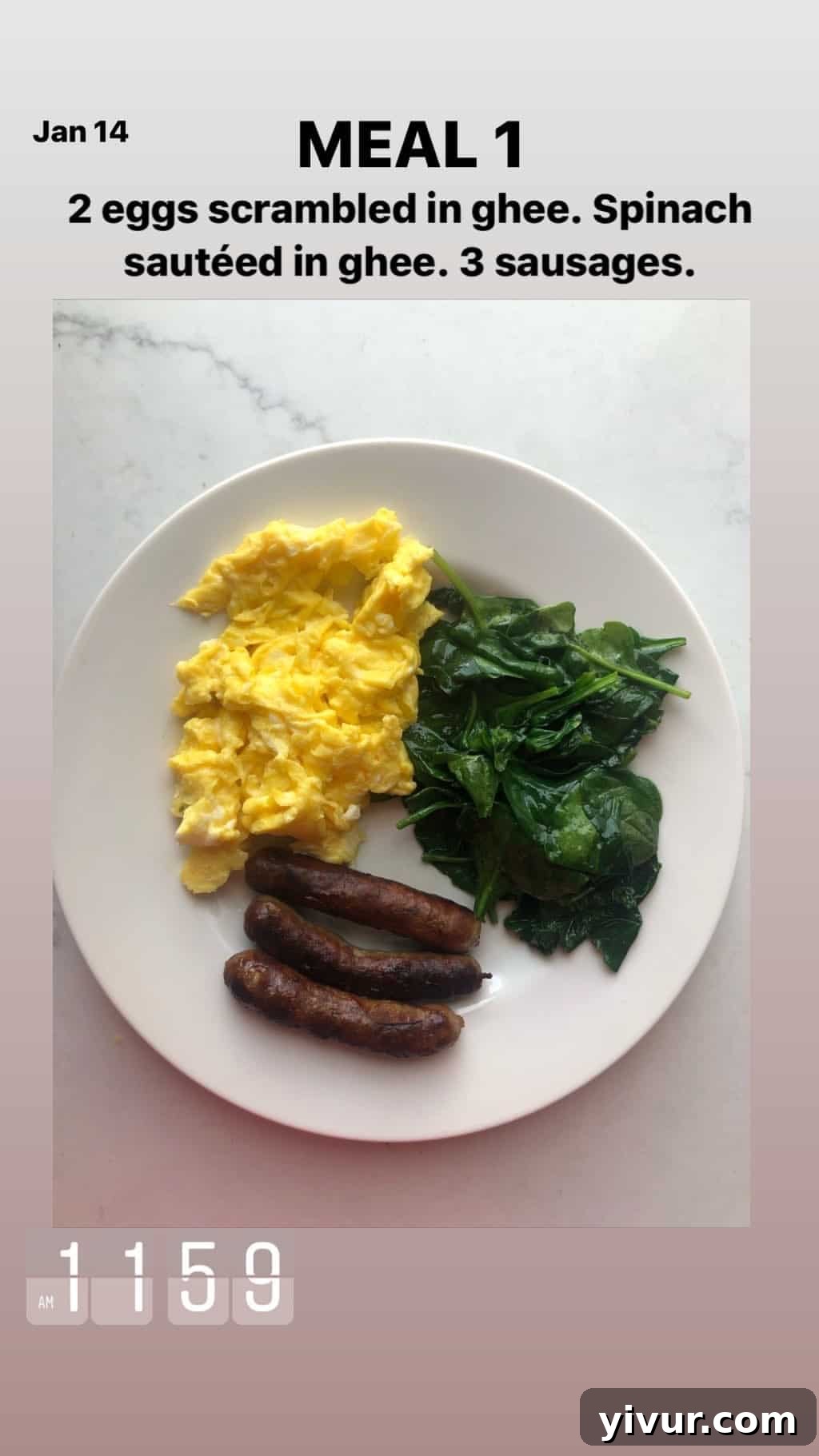 My Clean Keto Whole30 January 2020 Food Diary 39 Scrambled eggs in ghee, sautéed spinach, and Pederson's Farms sausages