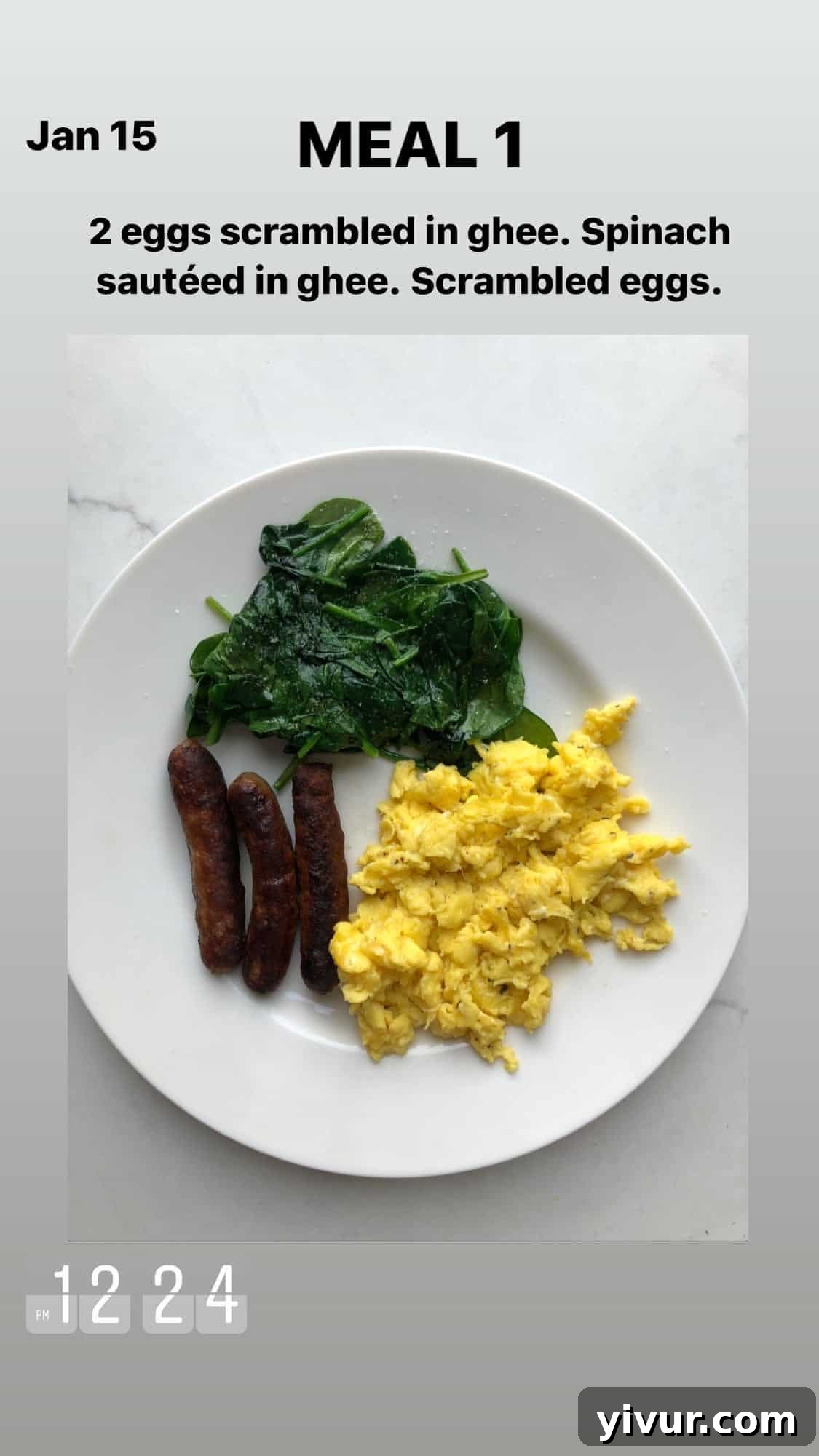 My Clean Keto Whole30 January 2020 Food Diary 41 Scrambled eggs in ghee, sautéed spinach, and Pederson's Farms sausages for breakfast