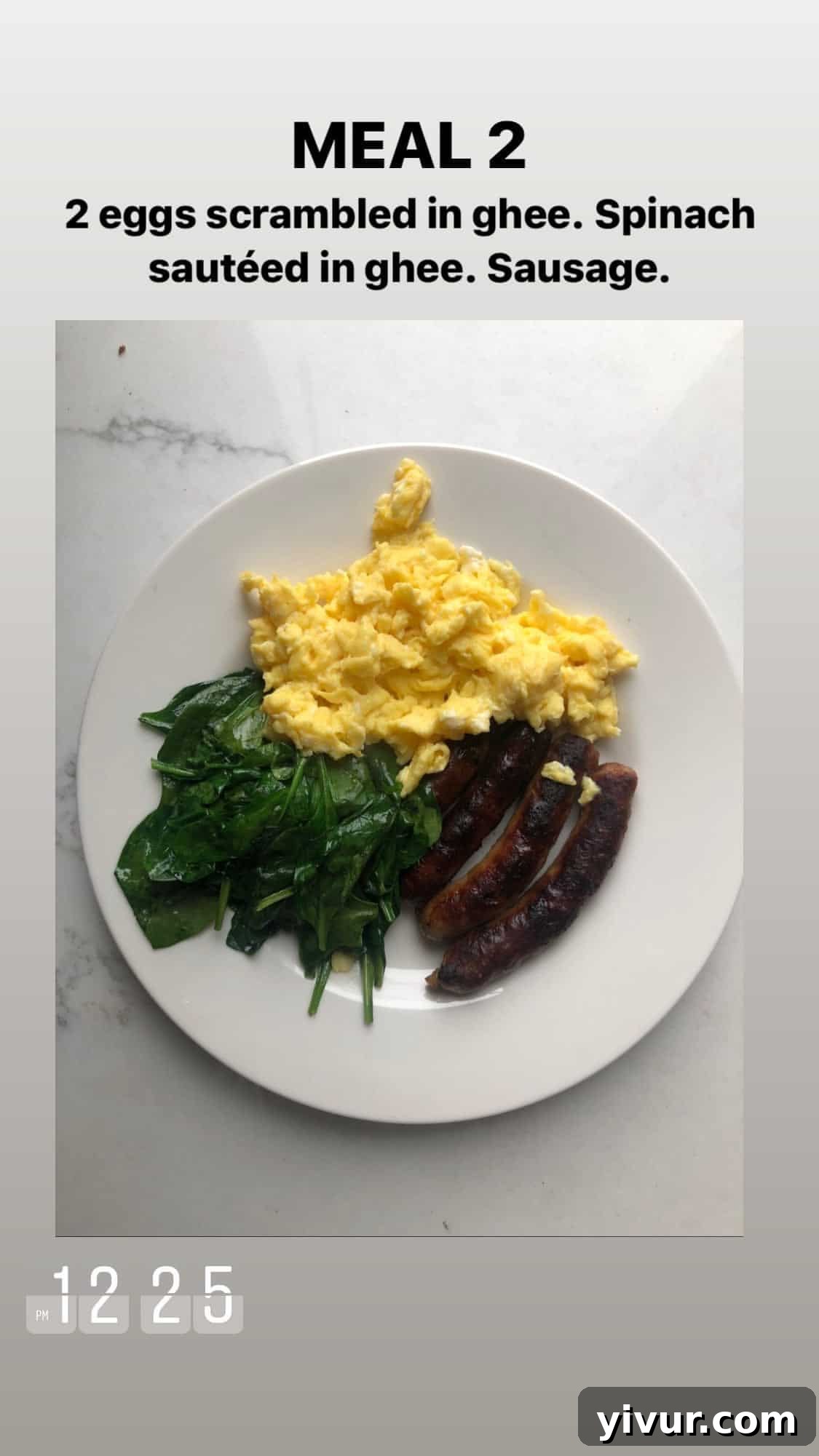 My Clean Keto Whole30 January 2020 Food Diary 45 Scrambled eggs in ghee, sautéed spinach, and Pederson's Farms sausages