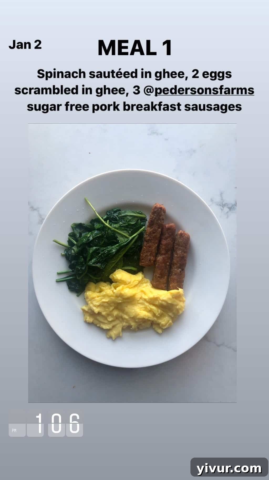 My Clean Keto Whole30 January 2020 Food Diary 5 Classic clean keto breakfast with scrambled eggs in ghee, Pederson's Farms sausages, and sauteed spinach