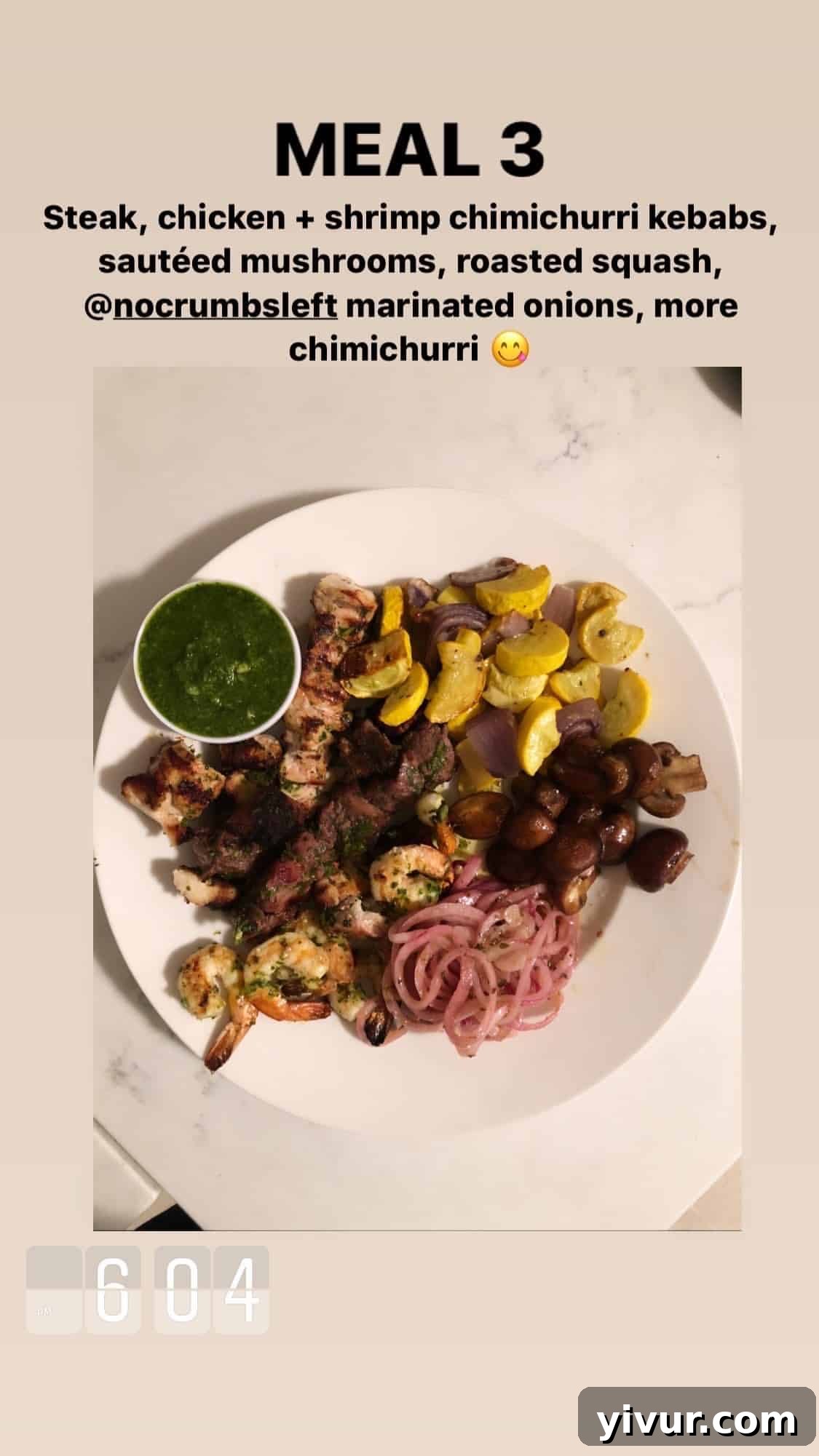 My Clean Keto Whole30 January 2020 Food Diary 54 Steak, chicken, and shrimp kebabs with sautéed mushrooms, roasted squash, marinated onions, and chimichurri