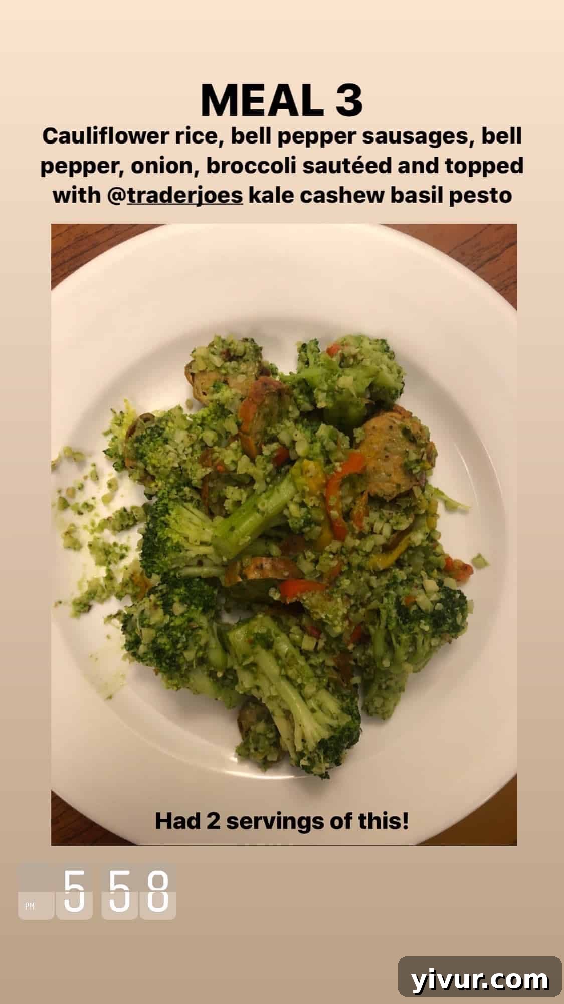 My Clean Keto Whole30 January 2020 Food Diary 61 Cauliflower rice, bell peppers, sausages, broccoli, and pesto