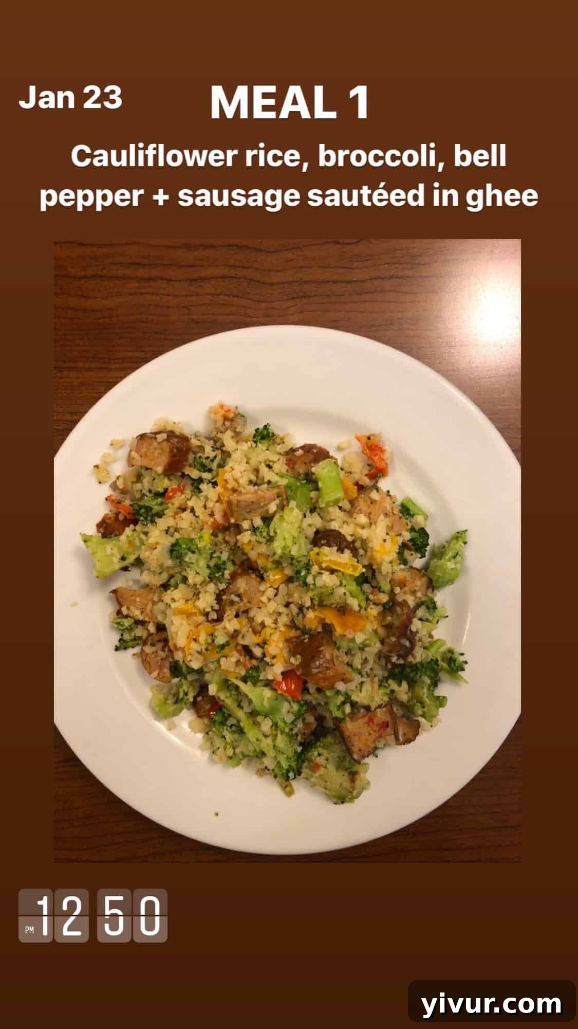 My Clean Keto Whole30 January 2020 Food Diary 62 Cauliflower rice, broccoli, bell peppers, sausage, and ghee