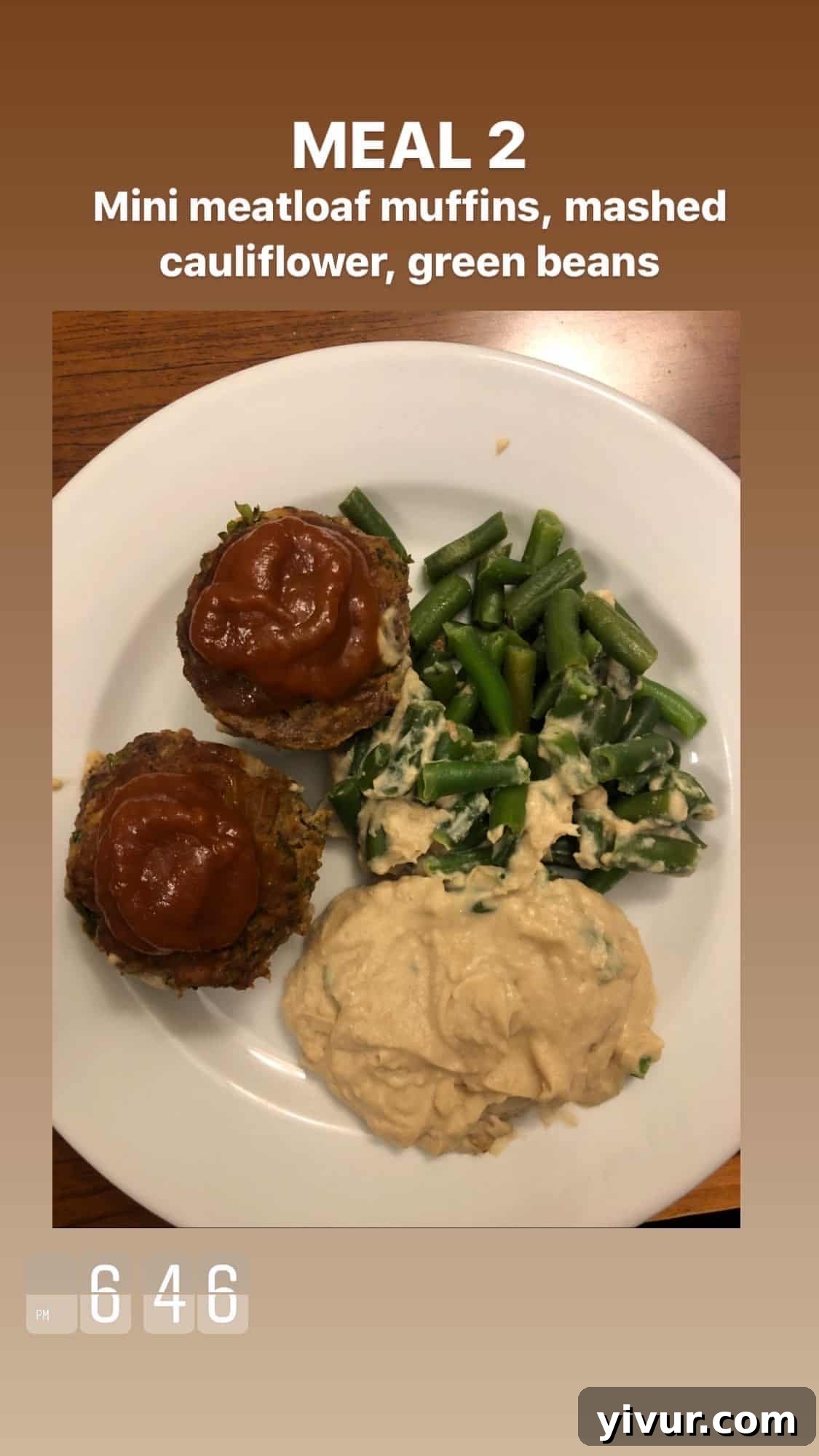 My Clean Keto Whole30 January 2020 Food Diary 63 Mini meatloaf muffins, mashed cauliflower, and green beans