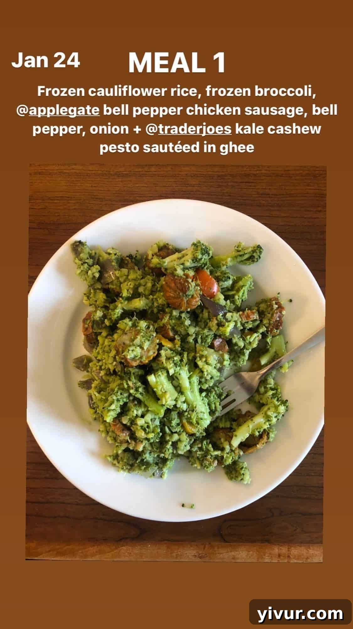 My Clean Keto Whole30 January 2020 Food Diary 64 Cauliflower rice, broccoli, bell peppers, sausage, and pesto