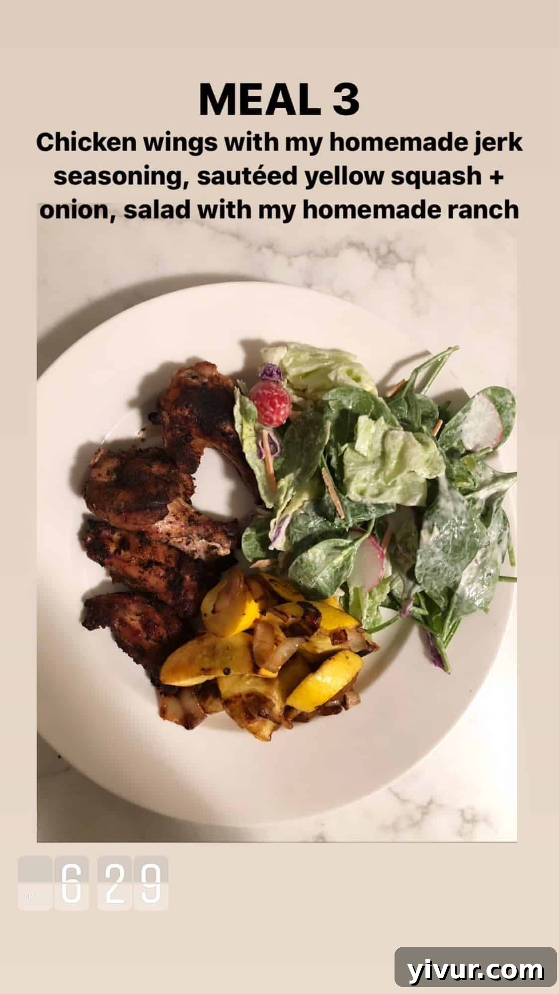 My Clean Keto Whole30 January 2020 Food Diary 69 Grilled jerk seasoned chicken wings, sautéed yellow squash with onion, and salad with homemade ranch dressing