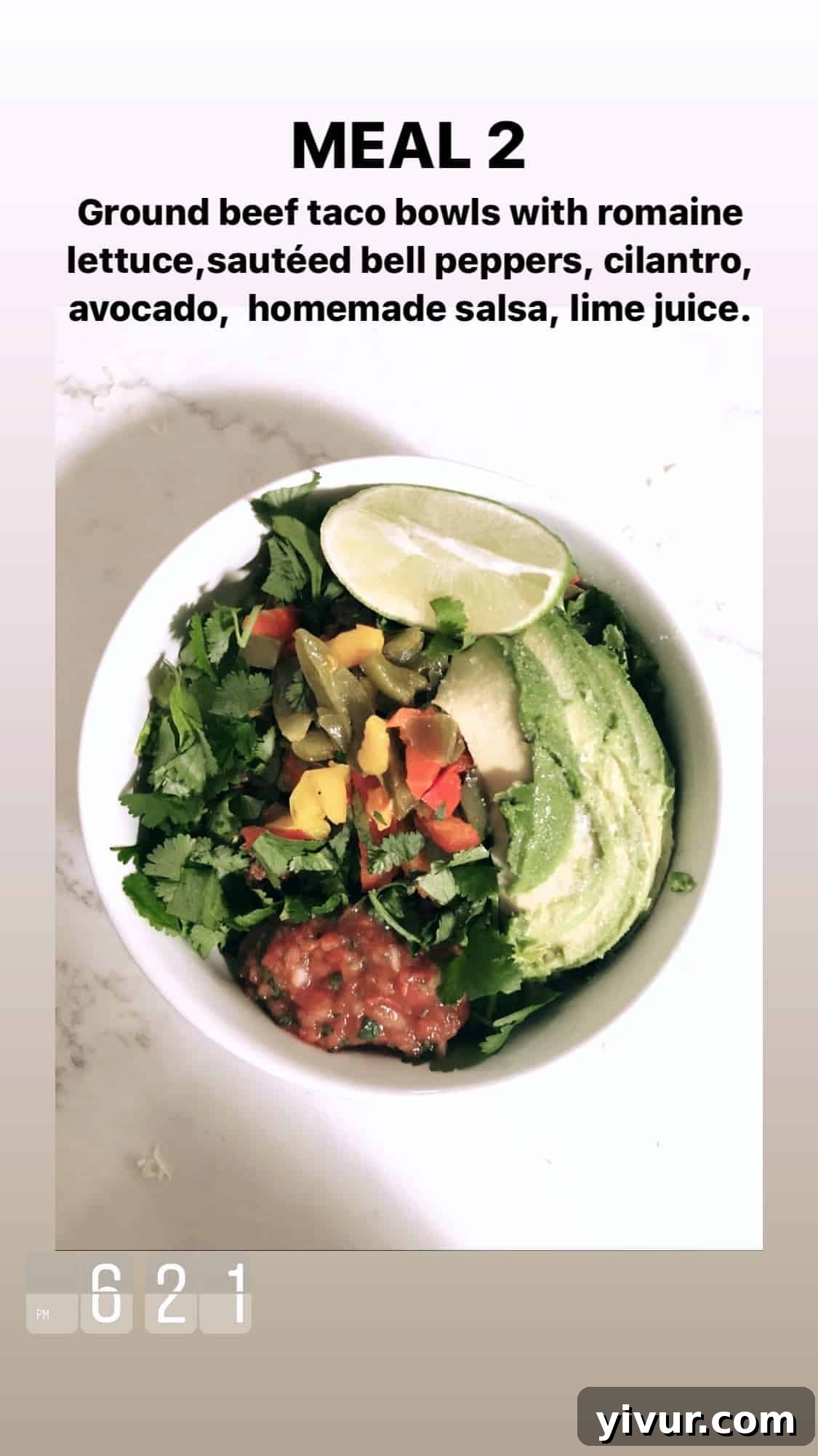 My Clean Keto Whole30 January 2020 Food Diary 75 Ground beef taco bowl with sautéed bell peppers, cilantro, avocado, homemade salsa, and lime juice