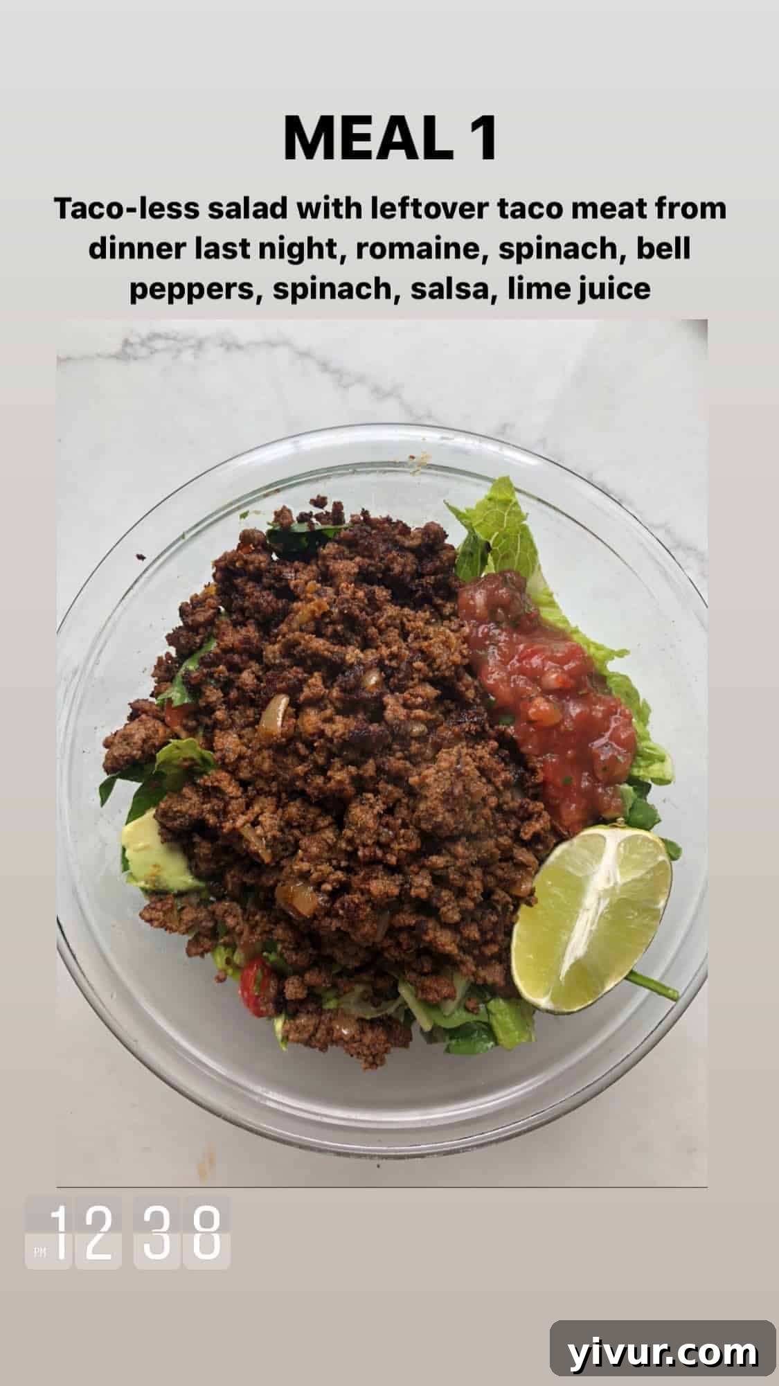 My Clean Keto Whole30 January 2020 Food Diary 77 Taco meat with romaine lettuce, spinach, bell peppers, salsa, and lime juice for a fresh salad