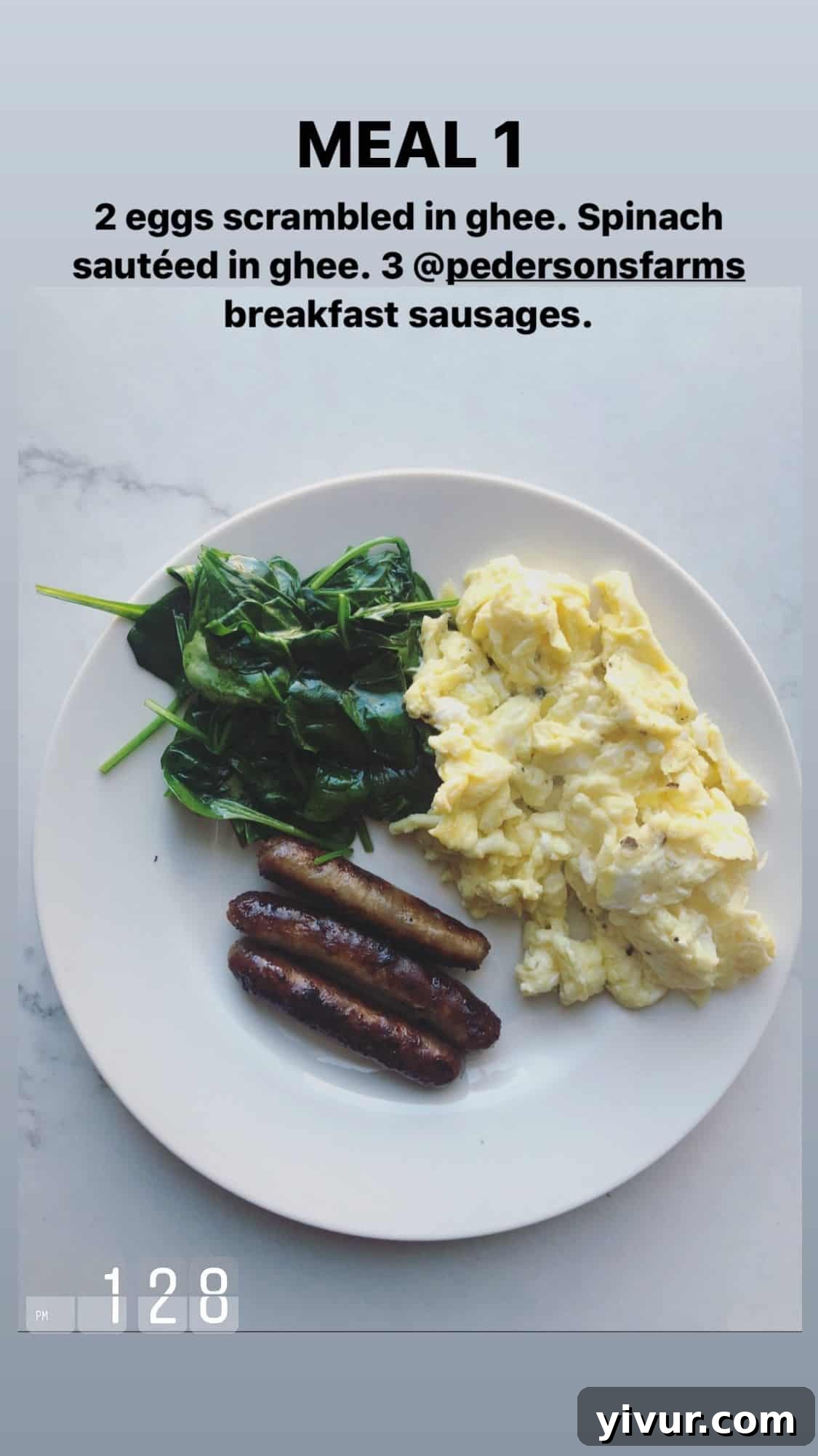 My Clean Keto Whole30 January 2020 Food Diary 83 Scrambled eggs in ghee, sautéed spinach, and Pederson's Farms sausages for breakfast
