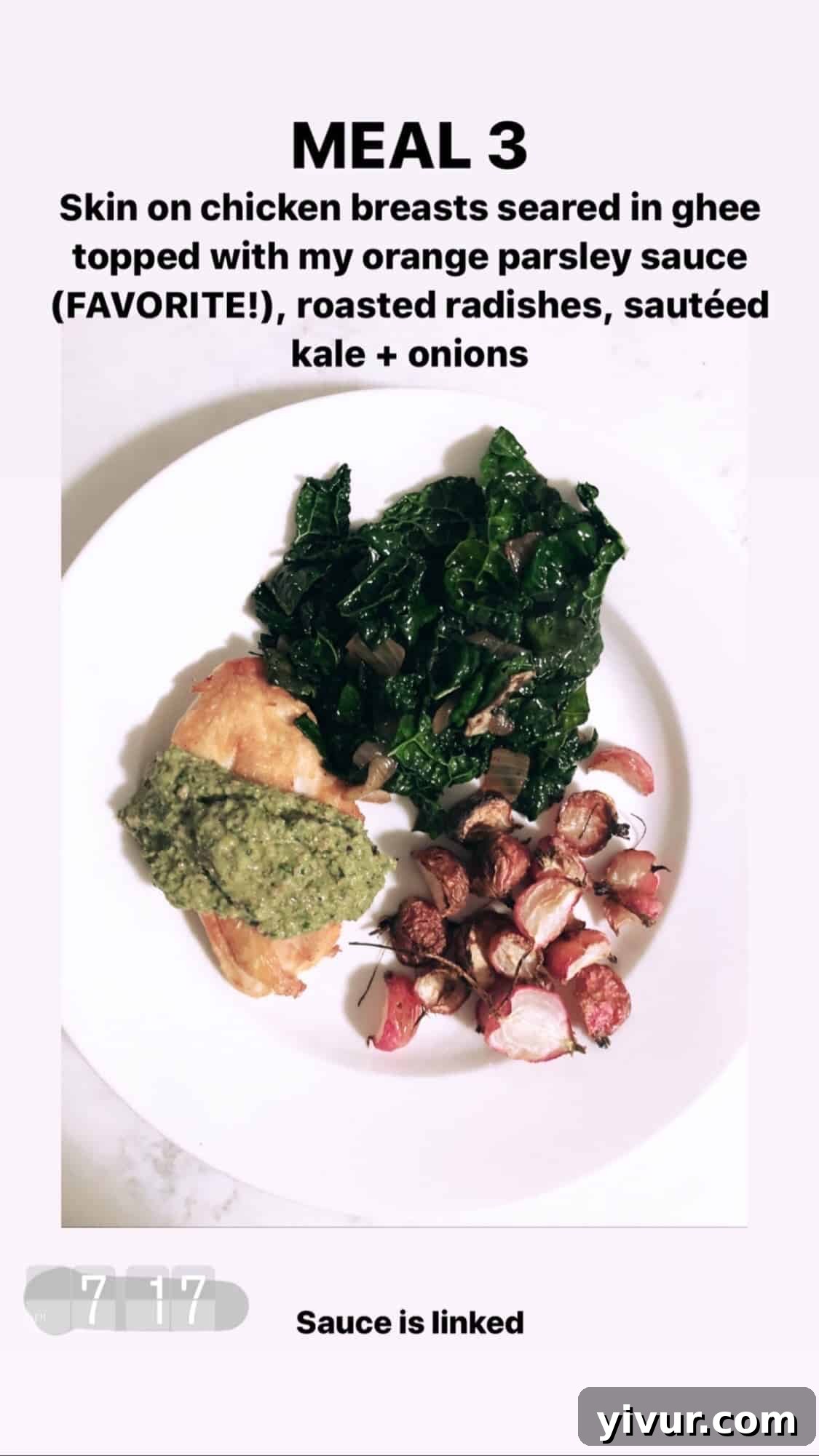 My Clean Keto Whole30 January 2020 Food Diary 89 Seared chicken in ghee, orange parsley sauce, roasted radishes, and sautéed kale and onions