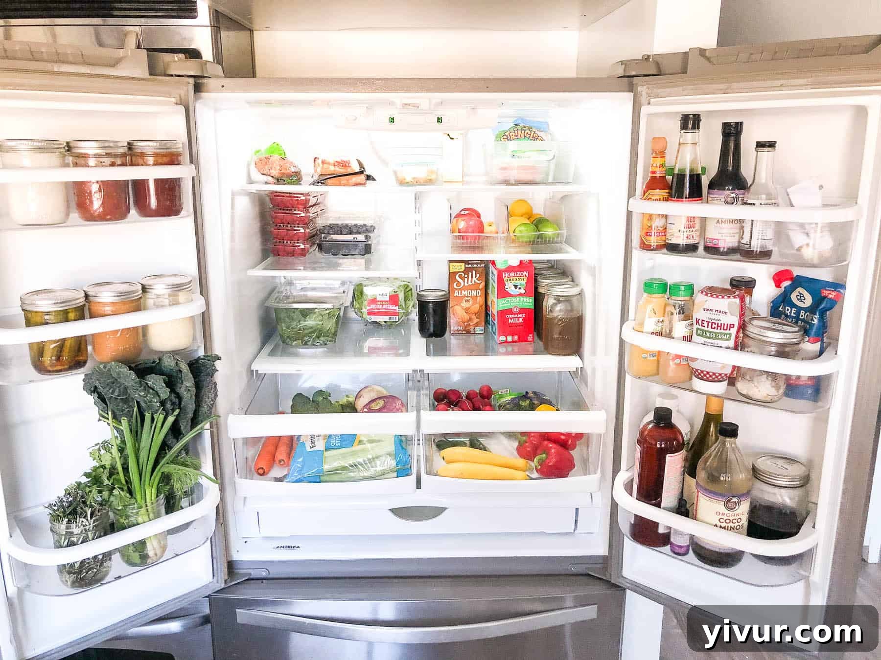 A well-stocked fridge with Whole30 and Keto compliant foods