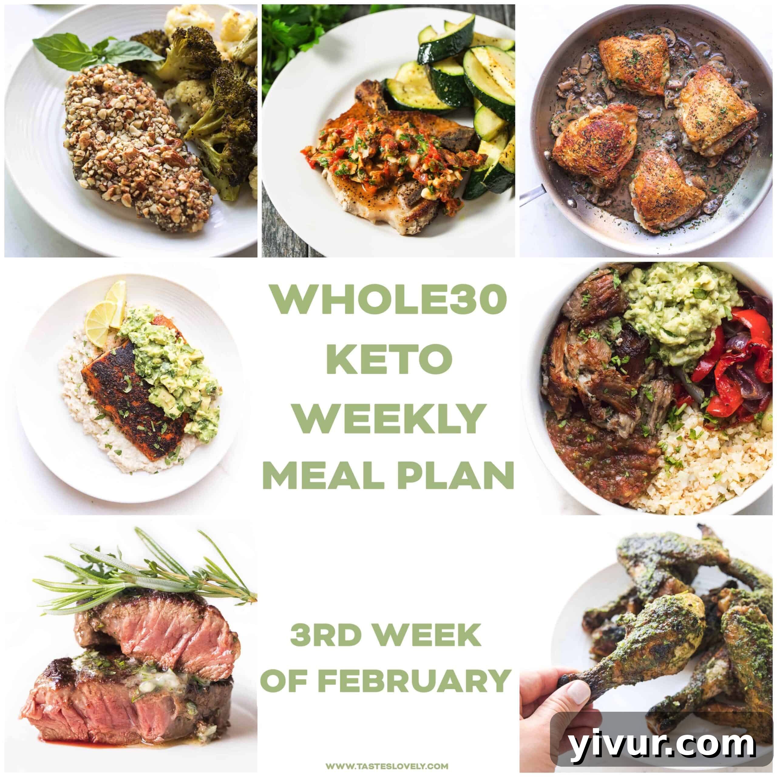A vibrant display of fresh, whole ingredients ready for Whole30 and Keto meal preparation, including various vegetables, proteins, and healthy fats.
