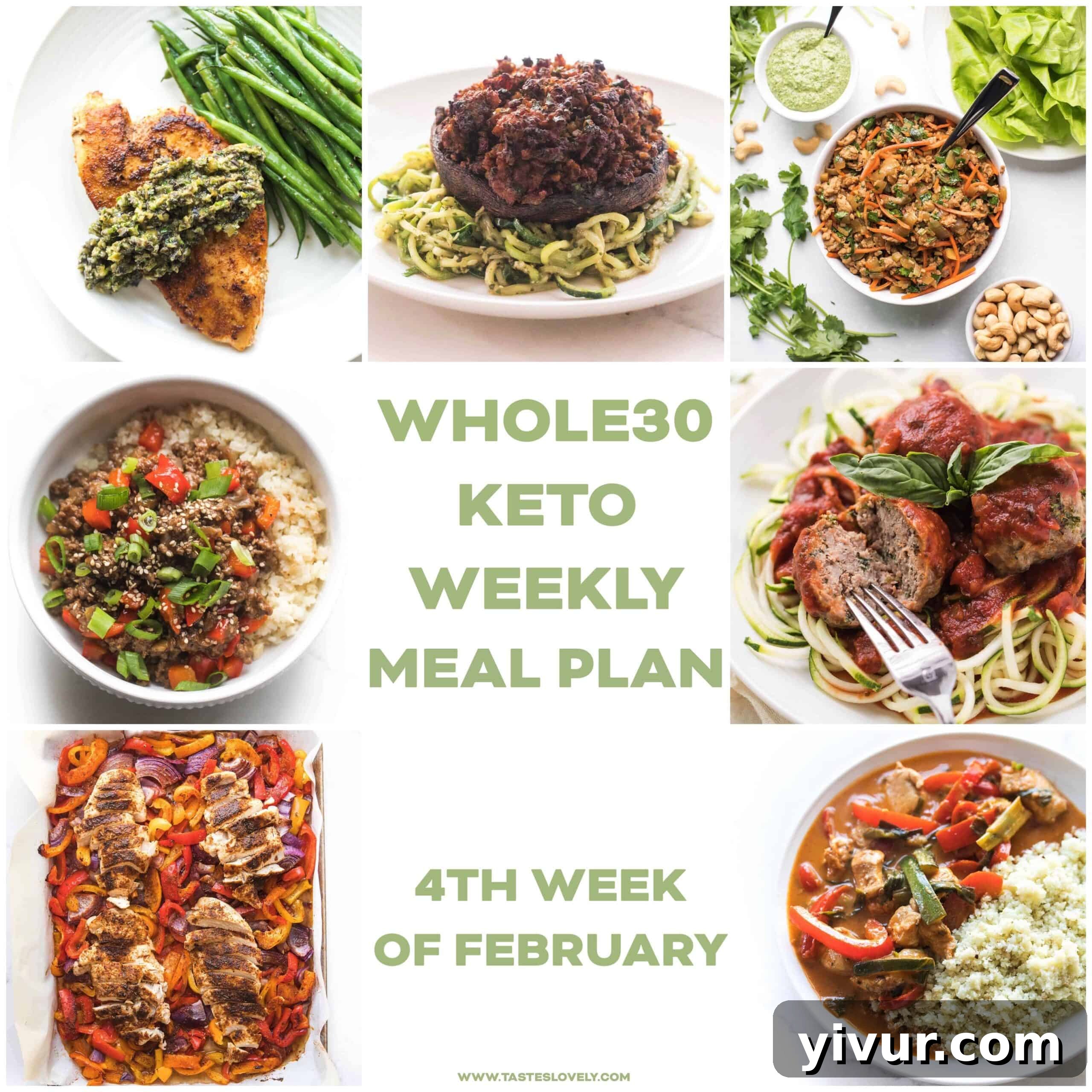 A vibrant, healthy meal spread featuring Whole30 and Keto compliant dishes, symbolizing a weekly meal plan for clean eating.