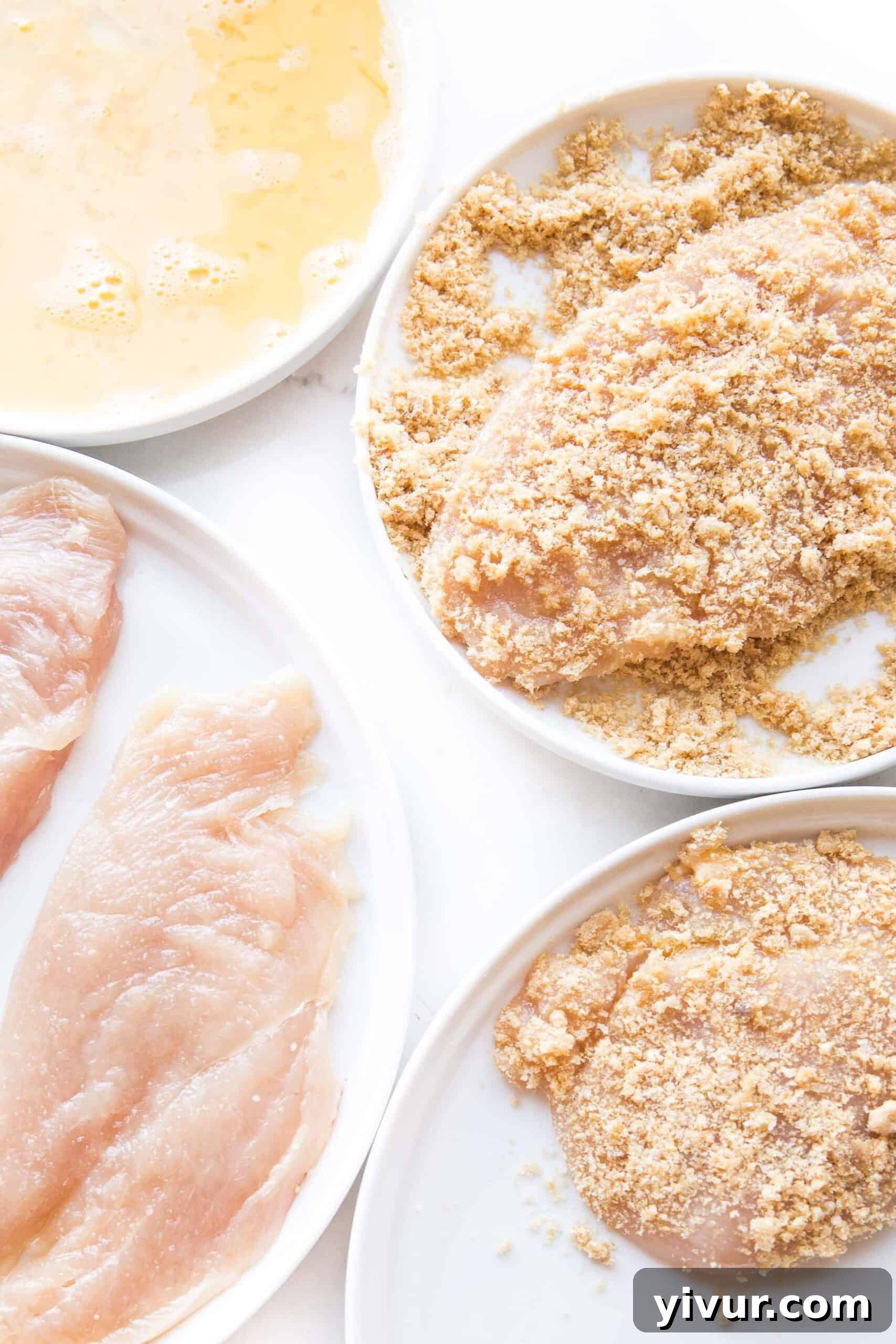 Step-by-step photos illustrating the dredging process for making crispy Whole30 Keto Chicken No-Parmesan