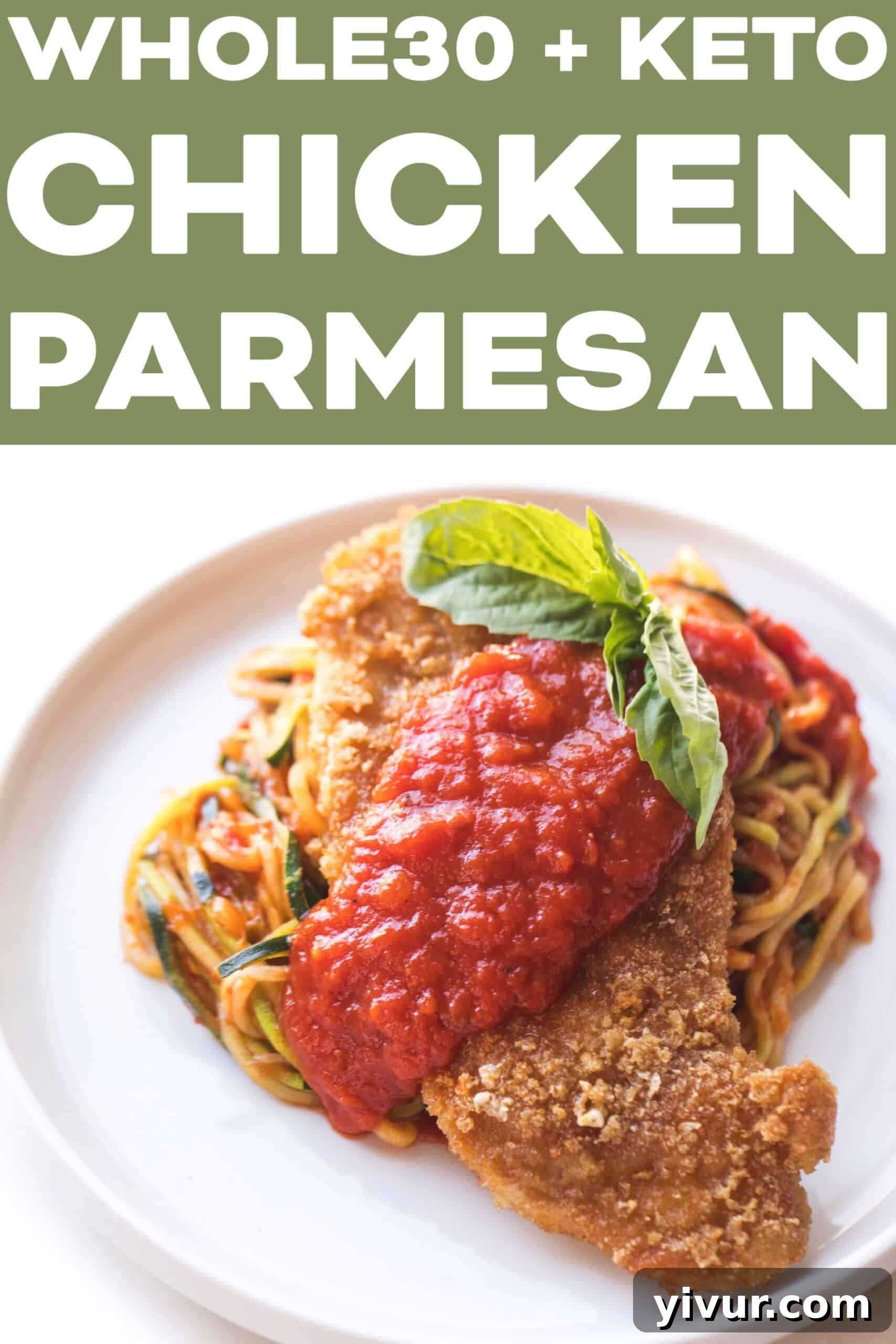 Close-up of crispy Whole30 Keto Chicken No-Parmesan with marinara sauce and fresh basil, ready to be eaten
