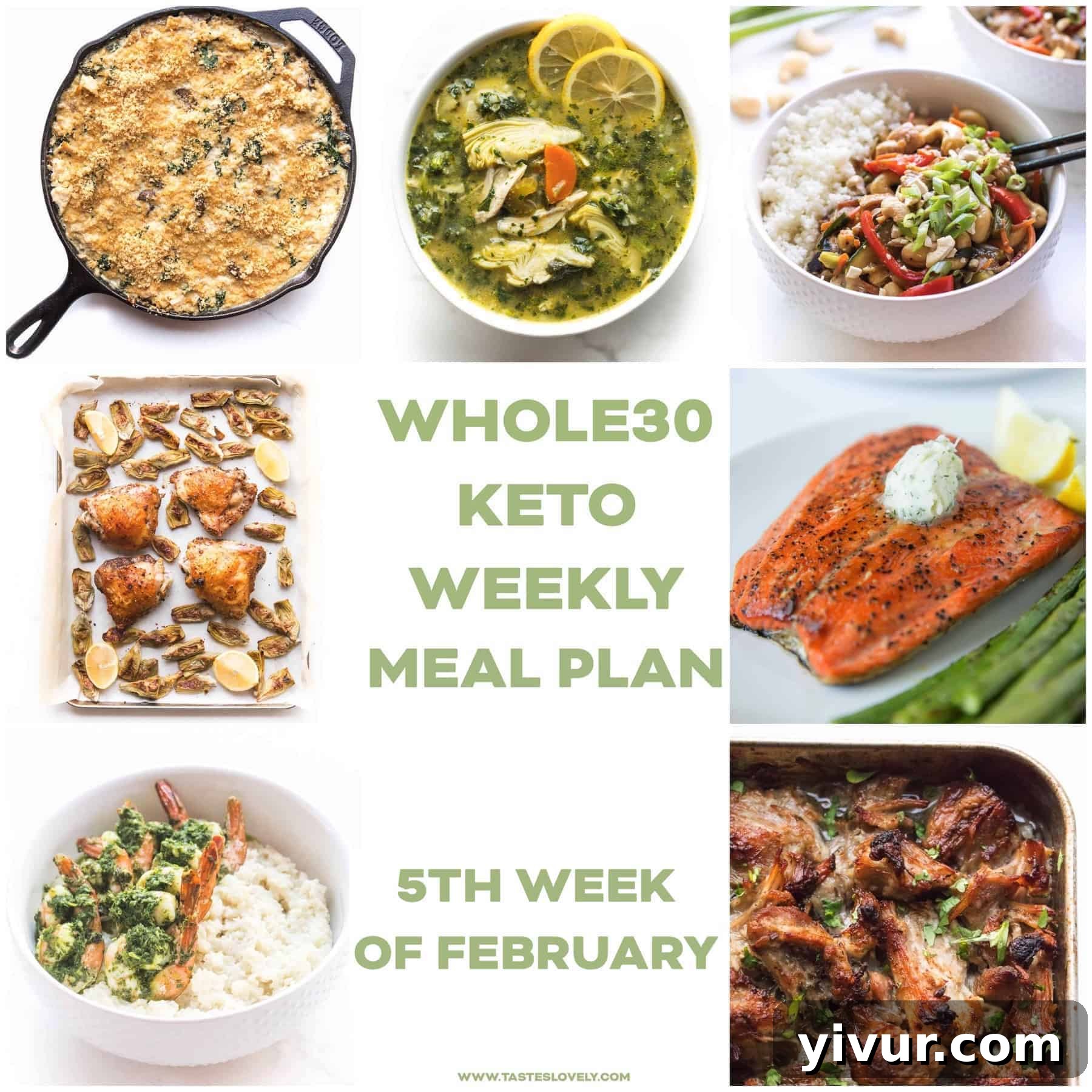 February 2020 Whole30 Keto Weekly Meal Plan featuring a variety of healthy low-carb dishes like casseroles, soups, and salmon.