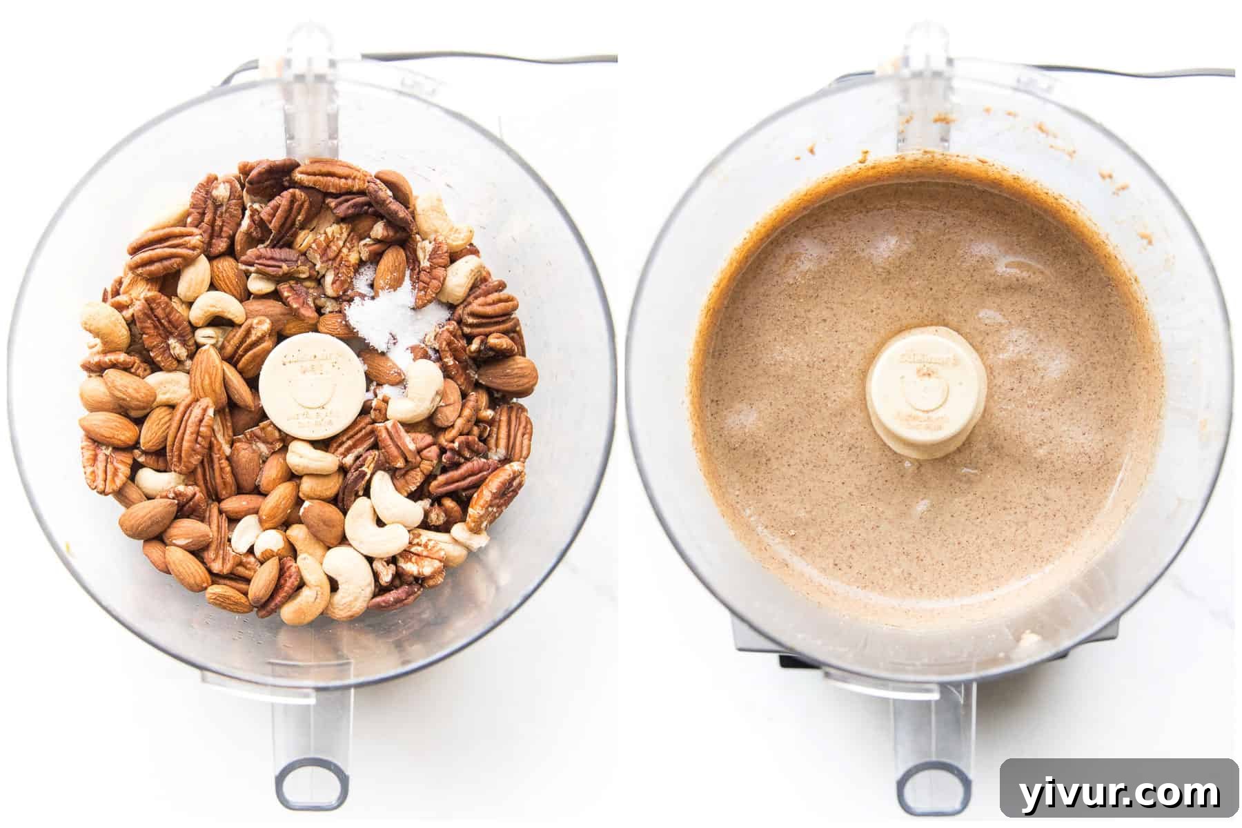 Raw nuts including almonds, pecans, and cashews being processed in a food processor, transforming into nut butter.