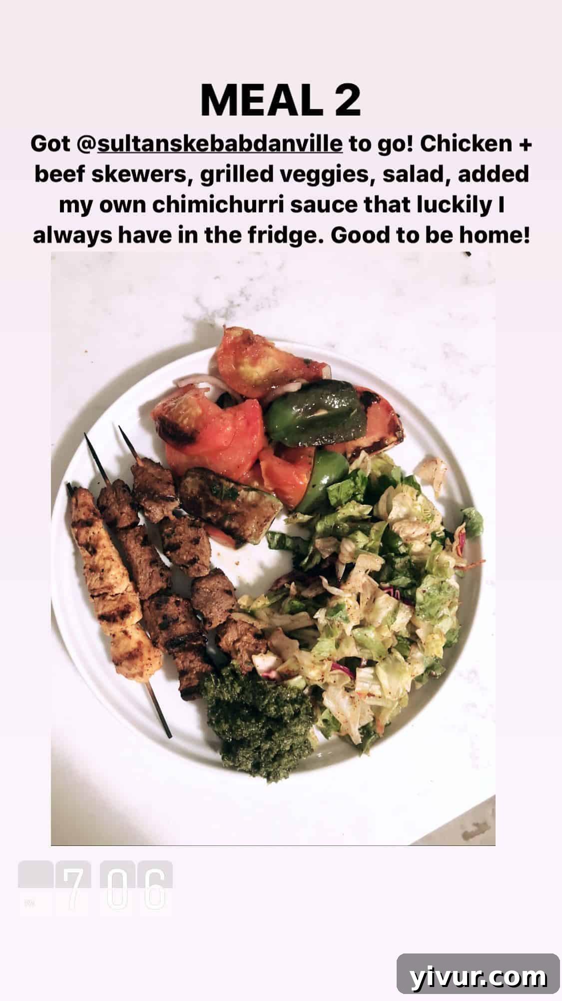 Chicken and beef skewers, grilled vegetables, salad, and chimichurri sauce - a delicious and healthy outdoor meal