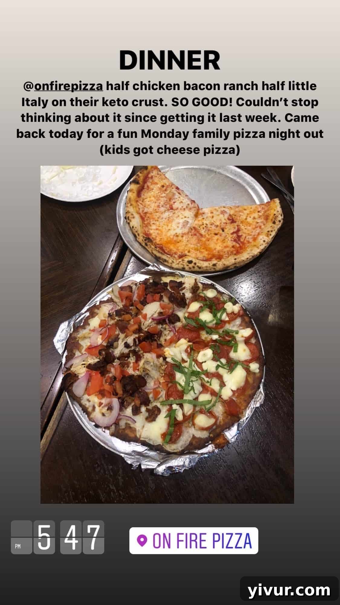 Half chicken bacon ranch and half Little Italy pizza on a keto crust from On Fire Pizza - a compliant pizza night treat