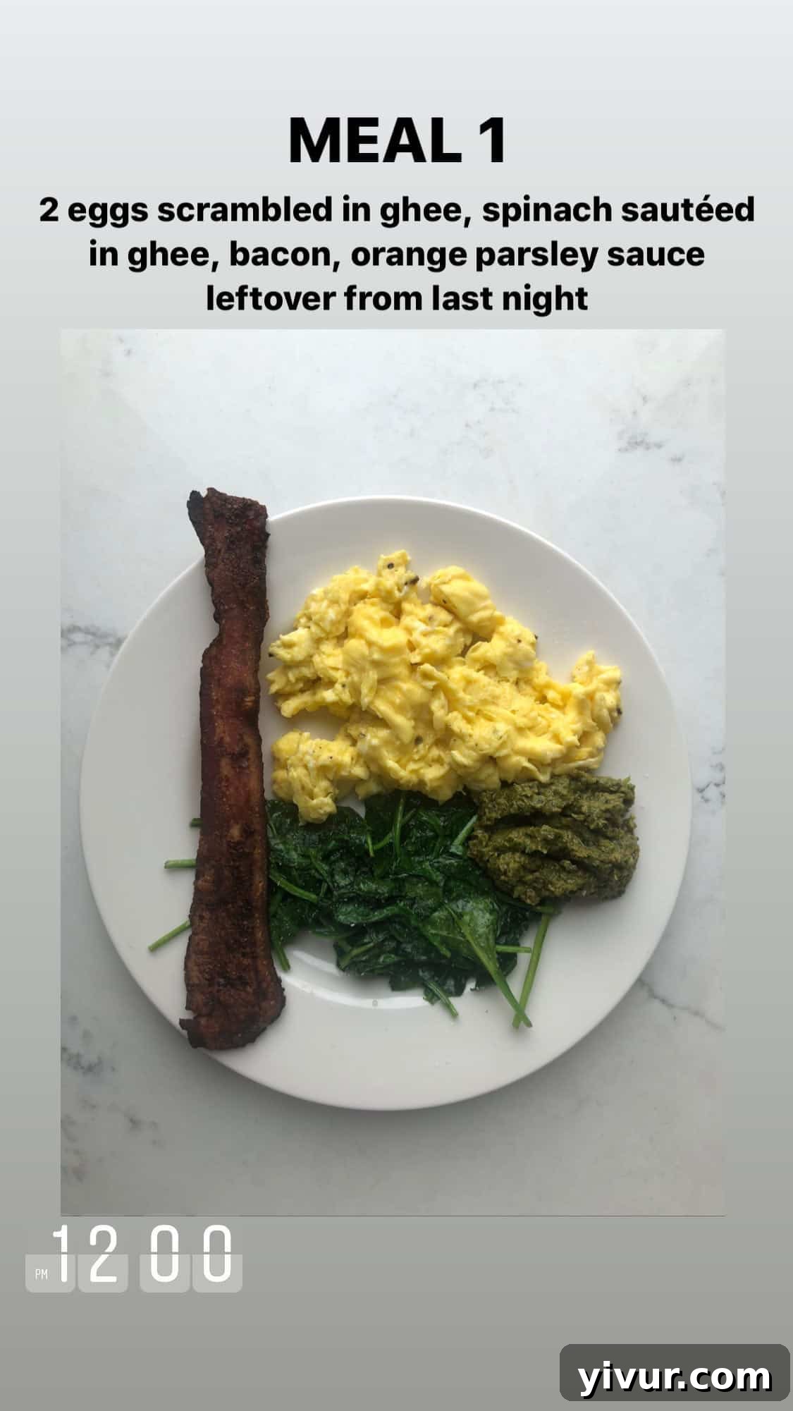 Scrambled eggs in ghee with sauteed spinach, bacon, and orange parsley sauce - a protein-rich keto breakfast