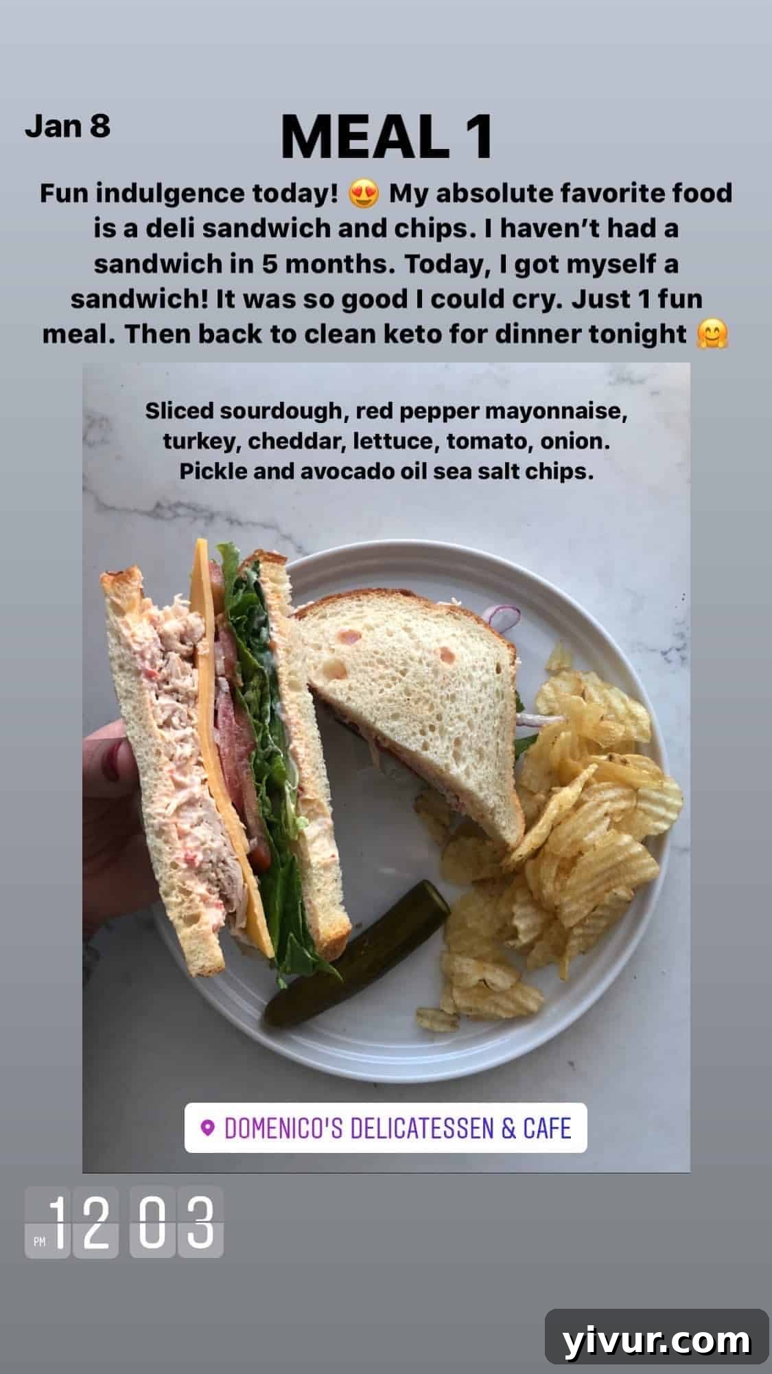 Turkey sandwich on sourdough with red pepper mayonnaise, cheddar, lettuce, tomato, onion, pickle, and avocado oil sea salt chips (Whole30 friendly if bread is omitted or substituted)