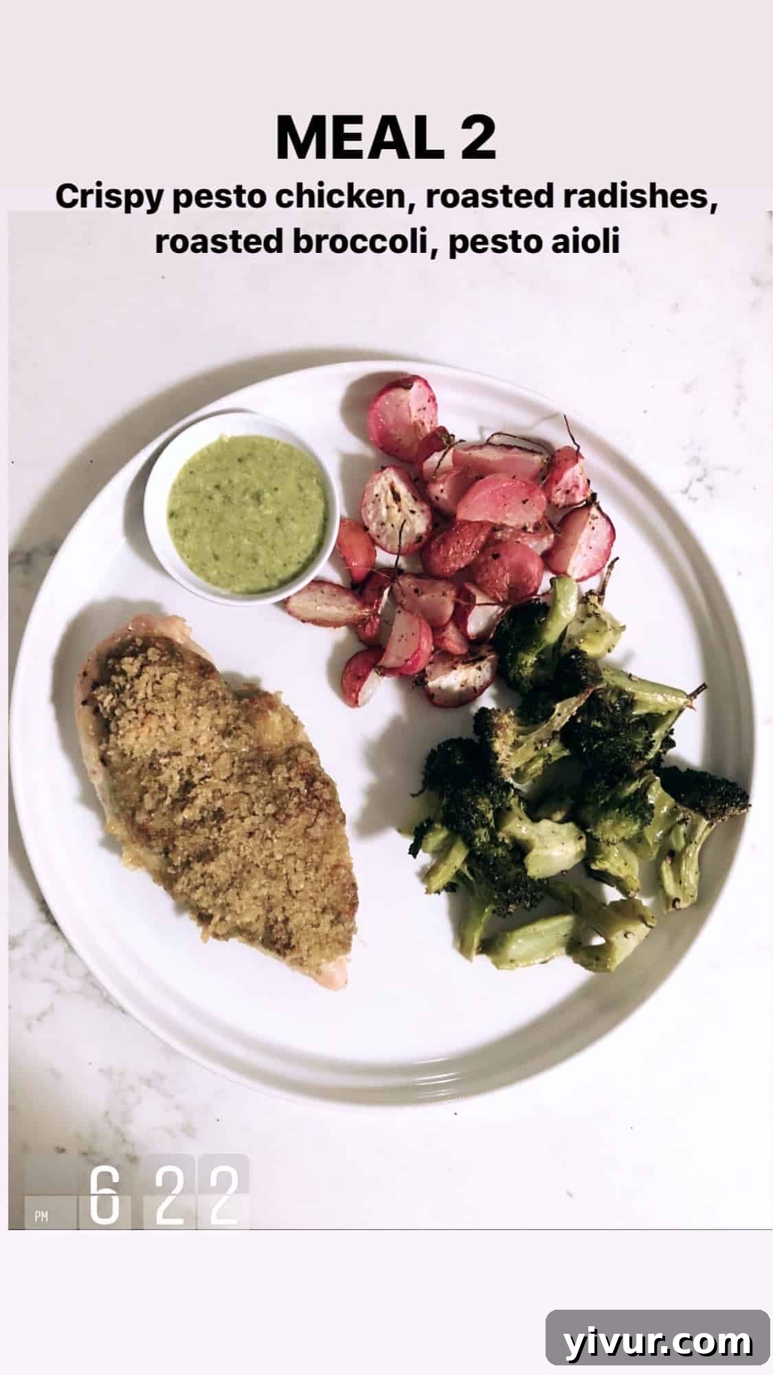 Crispy pesto chicken with roasted radishes, roasted broccoli, and pesto aioli - a flavorful Whole30 and keto meal