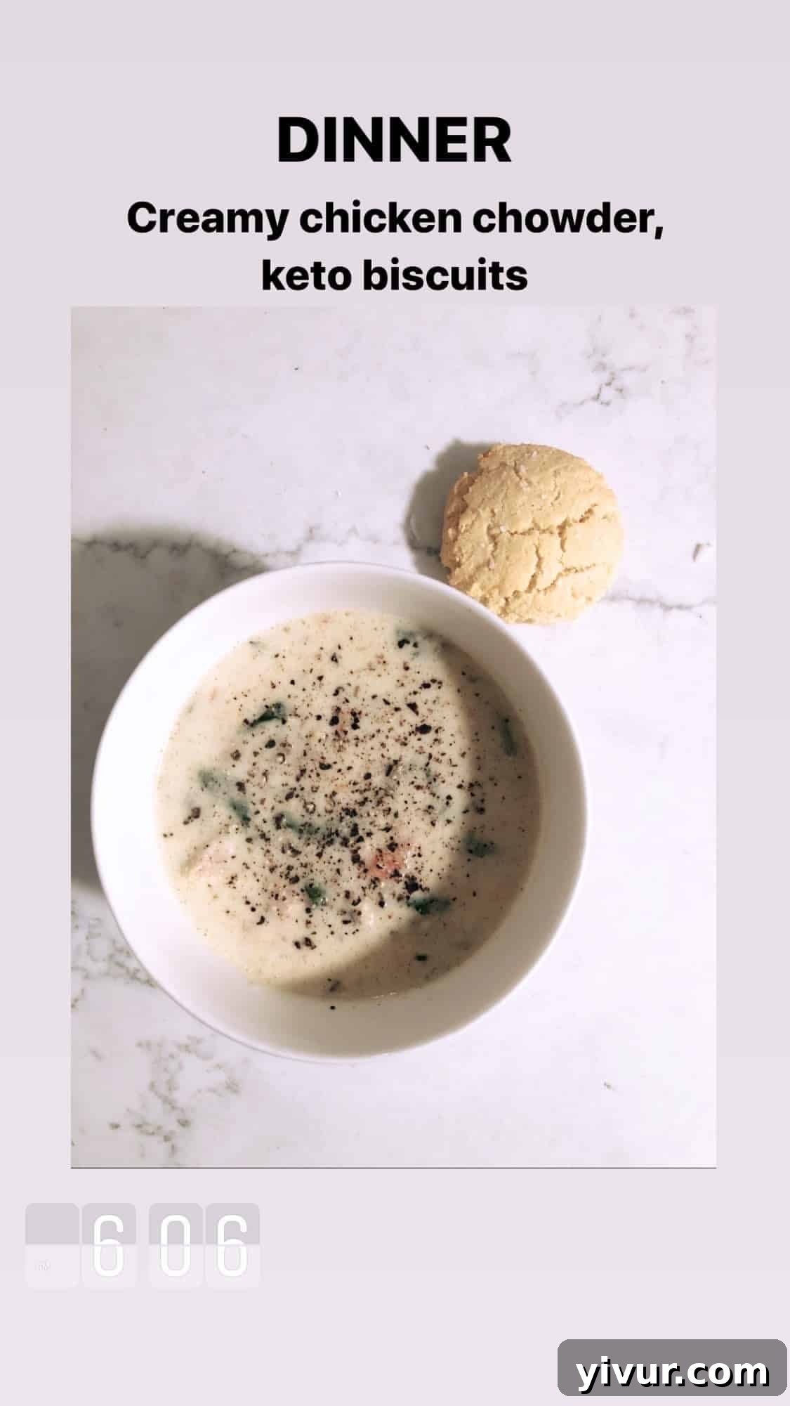 Creamy chicken chowder with keto biscuits - a comforting and hearty low-carb meal