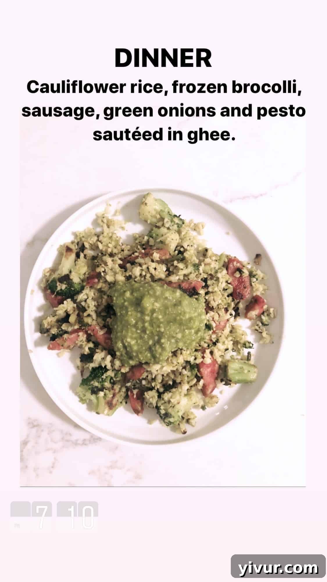 Cauliflower rice, frozen broccoli, sausage, green onions, and pesto sauteed in ghee - a quick and versatile keto bowl