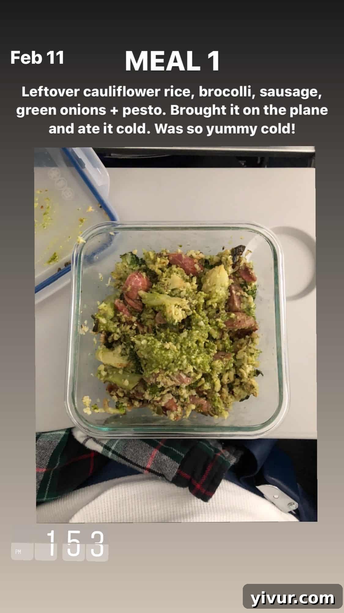 Cauliflower rice, frozen broccoli, sausage, green onions, and pesto sauteed in ghee - a consistent and easy keto meal