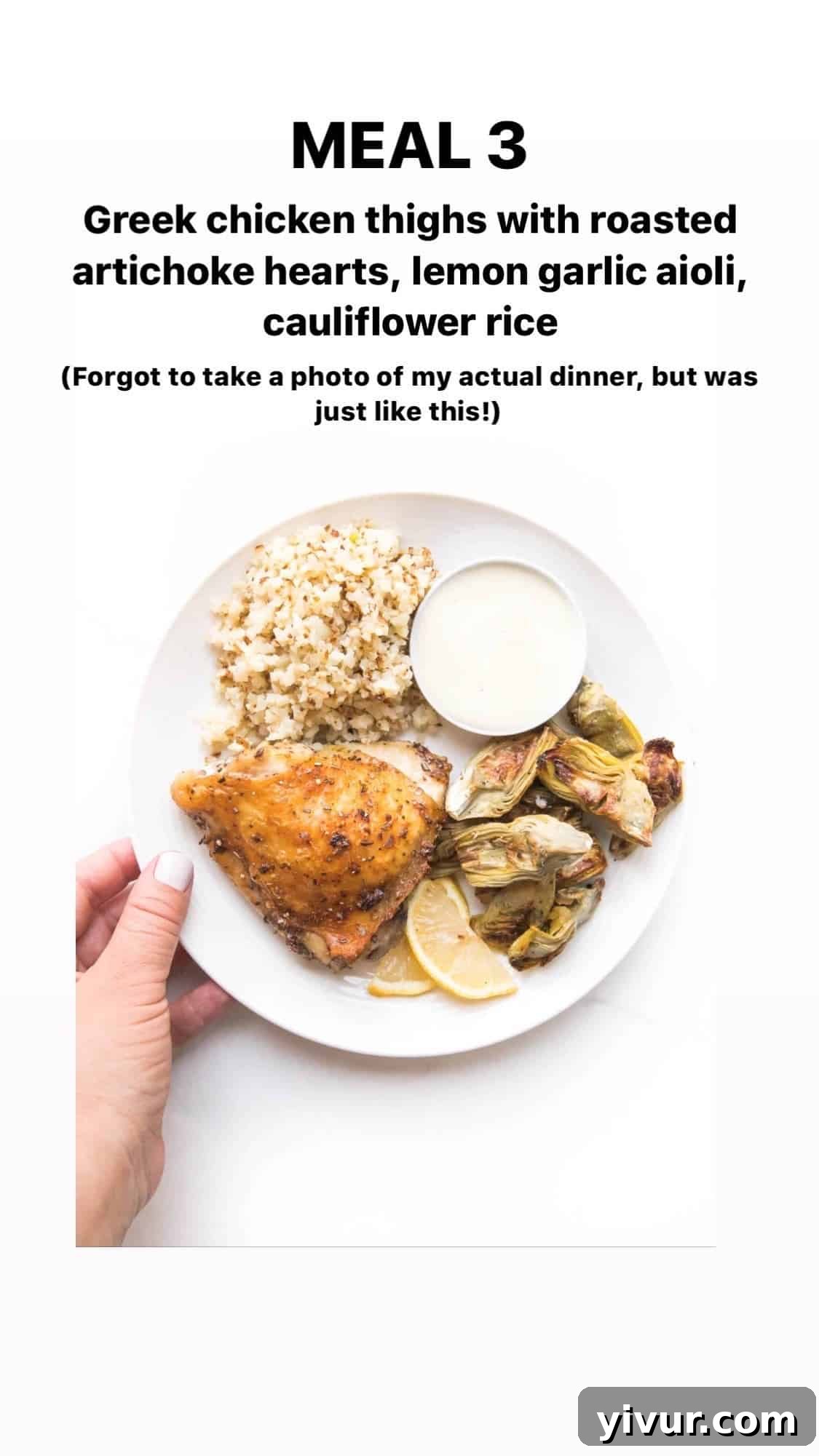 Greek chicken thighs with roasted artichoke hearts, lemon garlic aioli, and cauliflower rice - a Mediterranean-inspired keto meal
