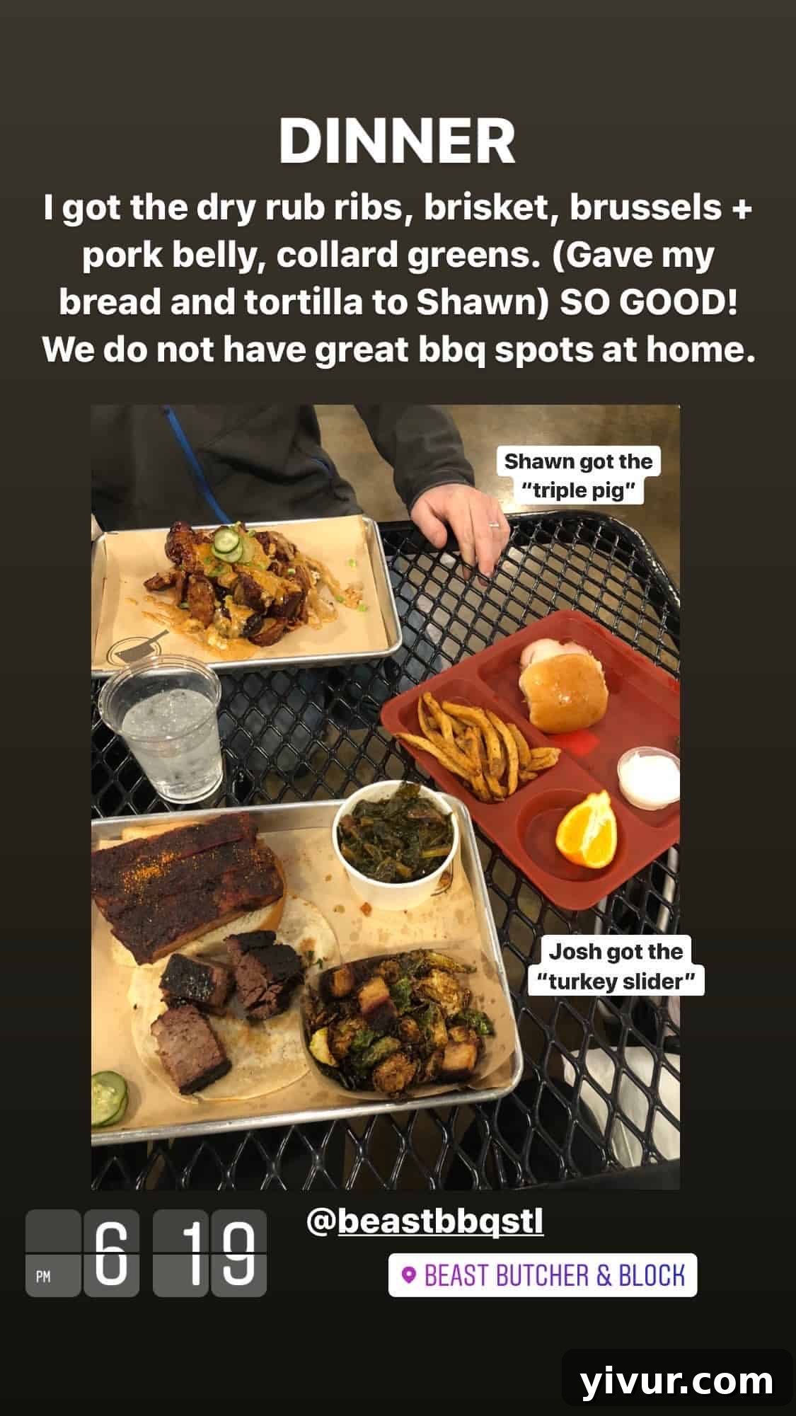 Dry rub ribs, brisket, Brussels sprouts with pork belly, and collard greens - a BBQ feast that's keto-friendly