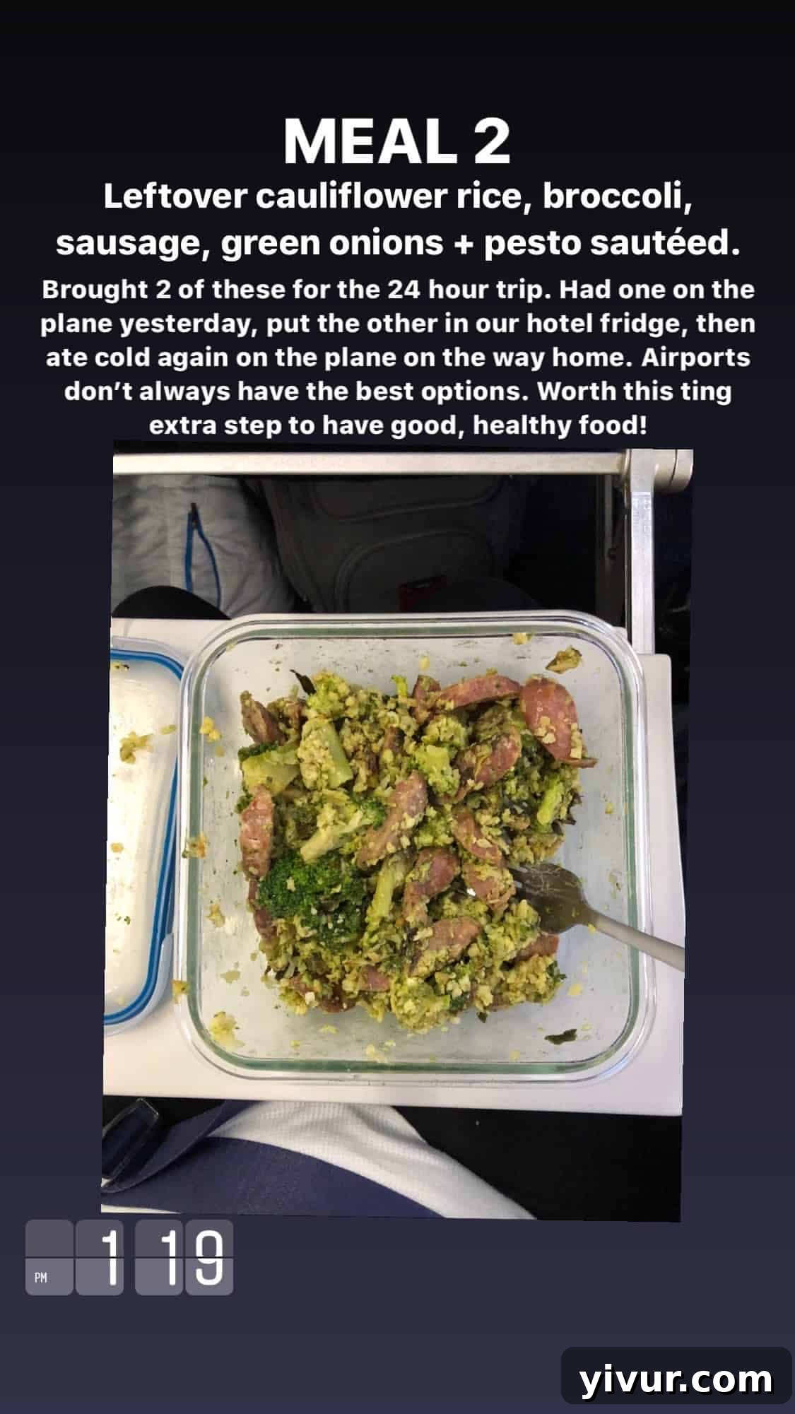 Cauliflower rice, frozen broccoli, sausage, green onions, and pesto sauteed in ghee - a simple and nutritious keto staple