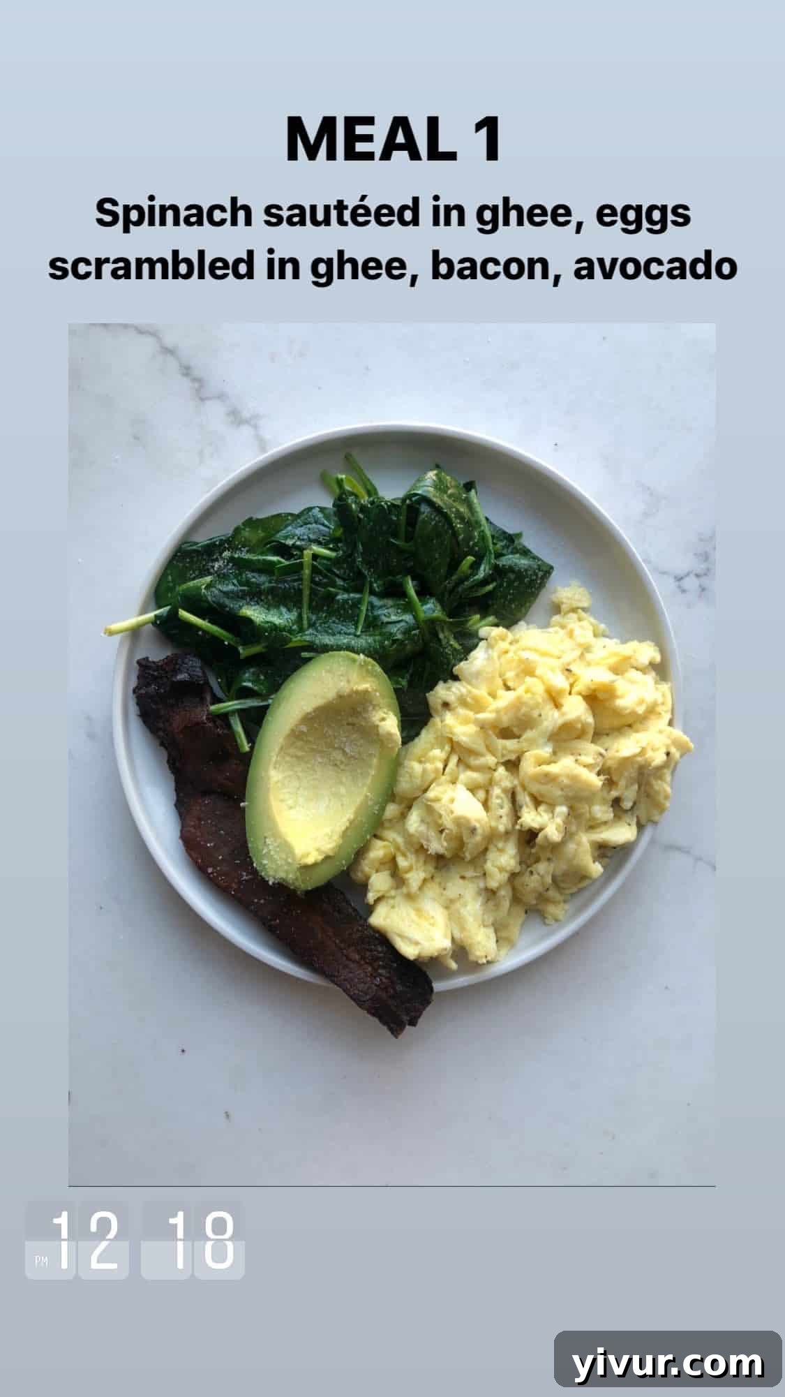 Sauteed spinach, scrambled eggs in ghee, bacon, and avocado - a well-rounded keto breakfast