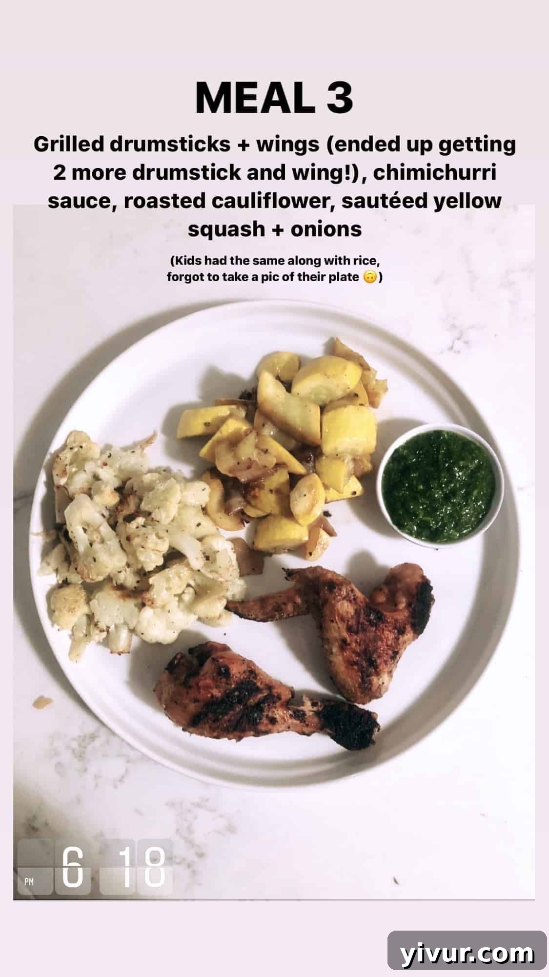 Grilled drumsticks and wings with chimichurri sauce, roasted cauliflower, and sauteed yellow squash with onions - a delicious and healthy protein-packed meal
