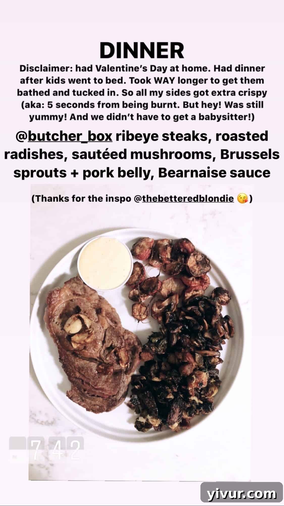 Ribeye steak, roasted radishes, sauteed mushrooms, Brussels sprouts with pork belly, and Bearnaise sauce - a gourmet keto dinner