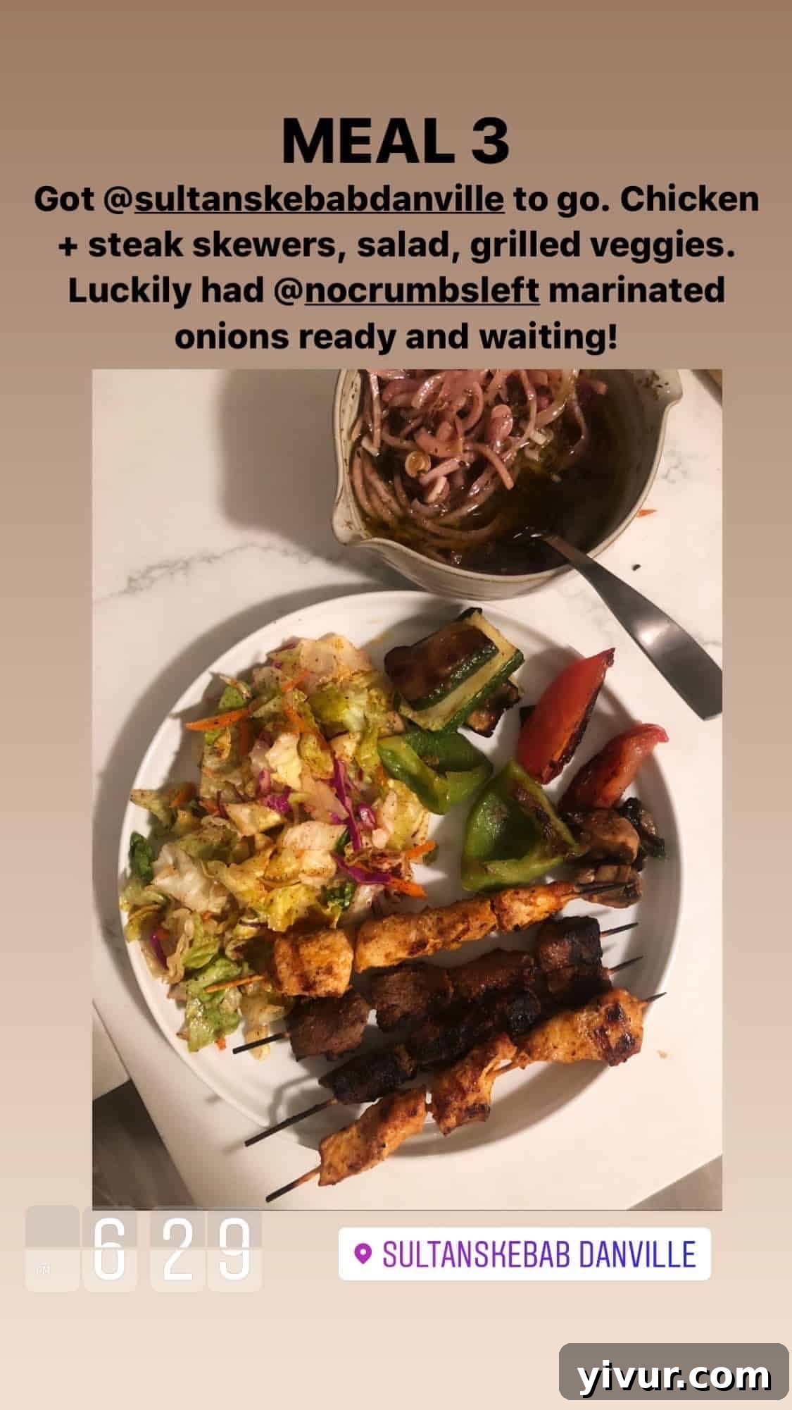 Chicken and steak skewers with salad, grilled vegetables, and No Crumbs Left marinated onions - a delicious and colorful meal