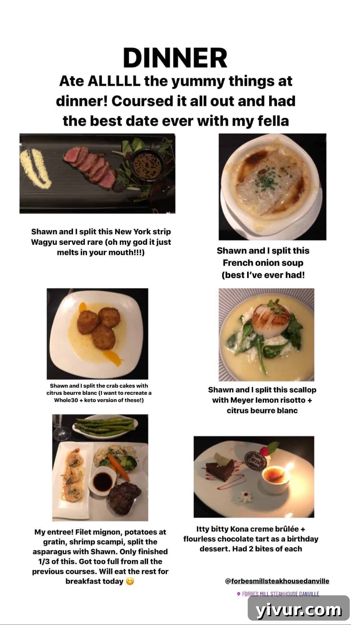New York Strip Wagyu steak, French onion soup, crab cakes, scallop, filet mignon, potatoes au gratin, shrimp scampi, asparagus, creme brulee, flourless chocolate tart - a celebratory feast (some items not keto/Whole30)
