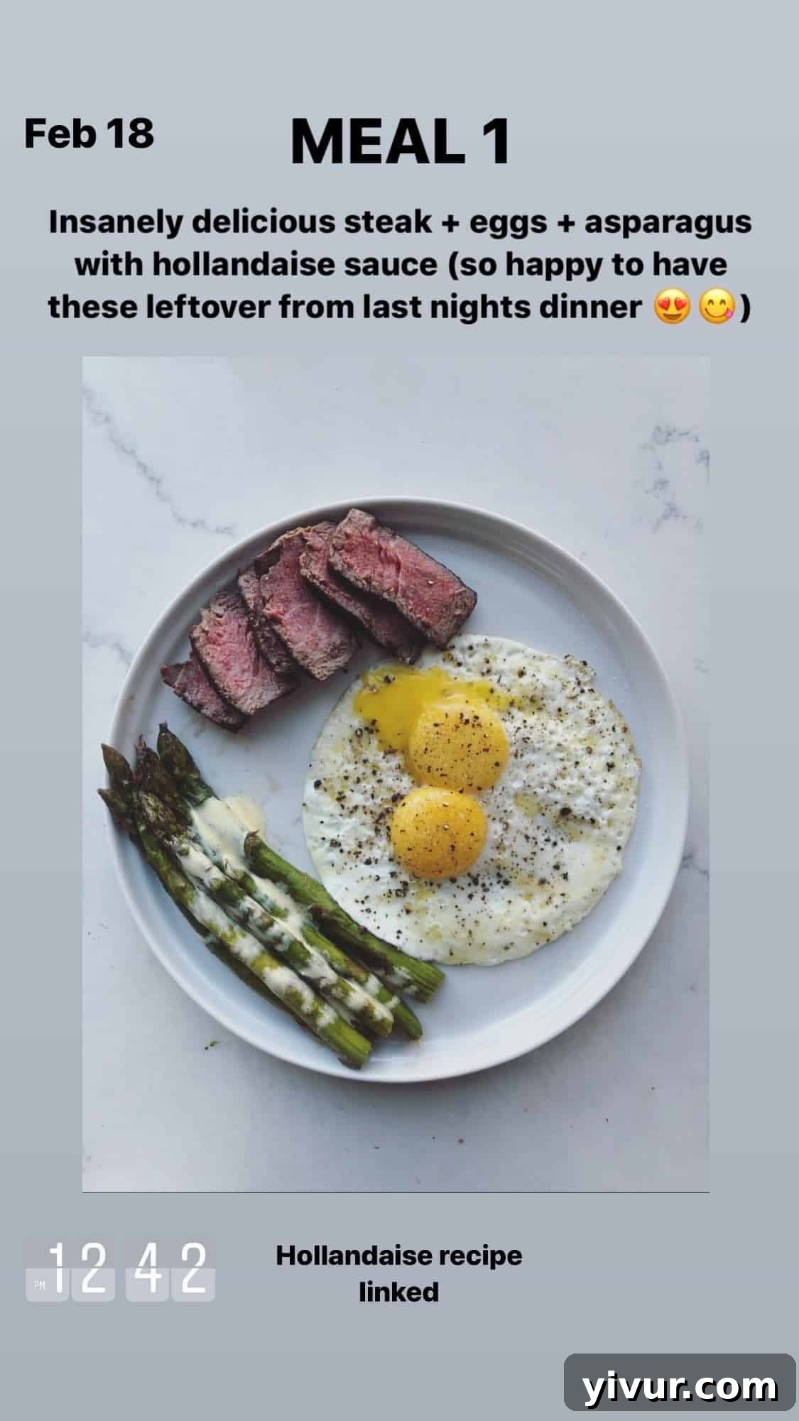 Steak, sunny side up eggs, asparagus, and hollandaise sauce - a decadent keto breakfast or brunch