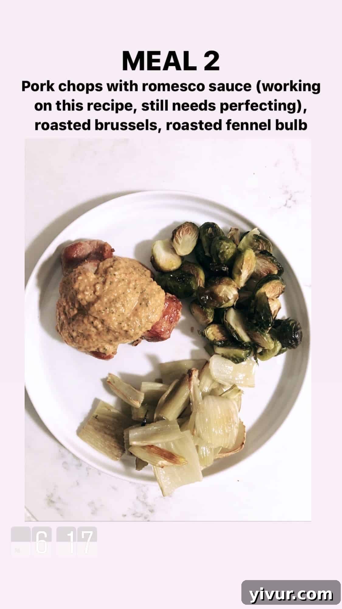 Pork chops with romesco sauce, roasted Brussels sprouts, and roasted fennel - a Mediterranean-inspired keto dinner
