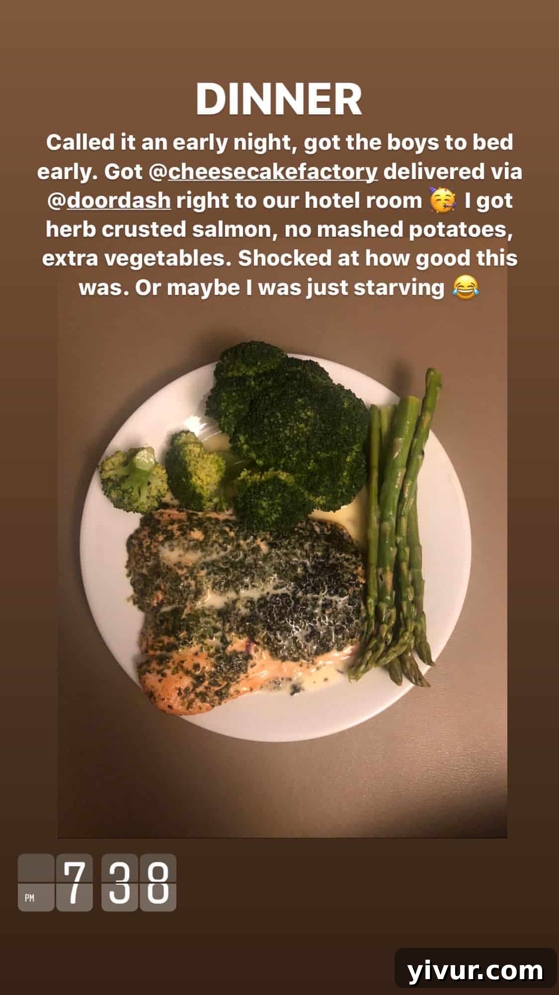 Herb-crusted salmon and vegetables from Cheesecake Factory - a healthy restaurant choice