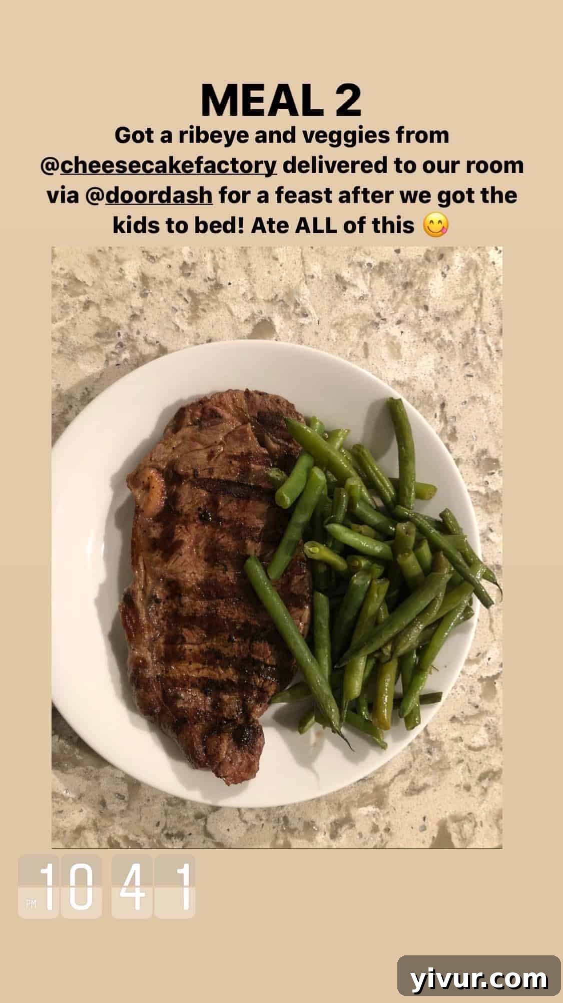 Ribeye steak and vegetables from Cheesecake Factory - a hearty and compliant restaurant meal