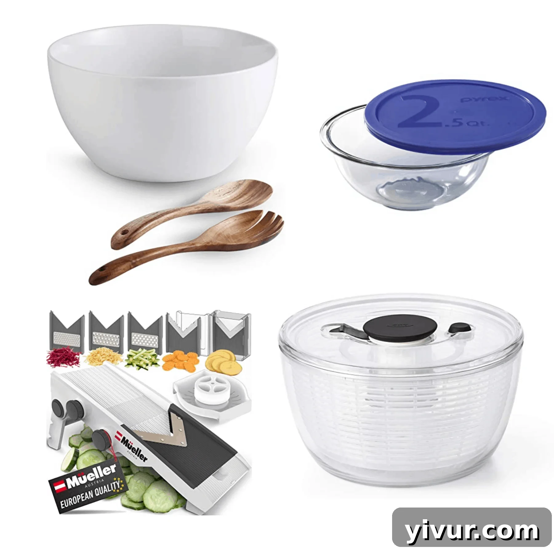 A curated collection of essential salad-making tools, including large and medium salad bowls, a salad spinner, and a mandoline, neatly arranged on a kitchen counter.
