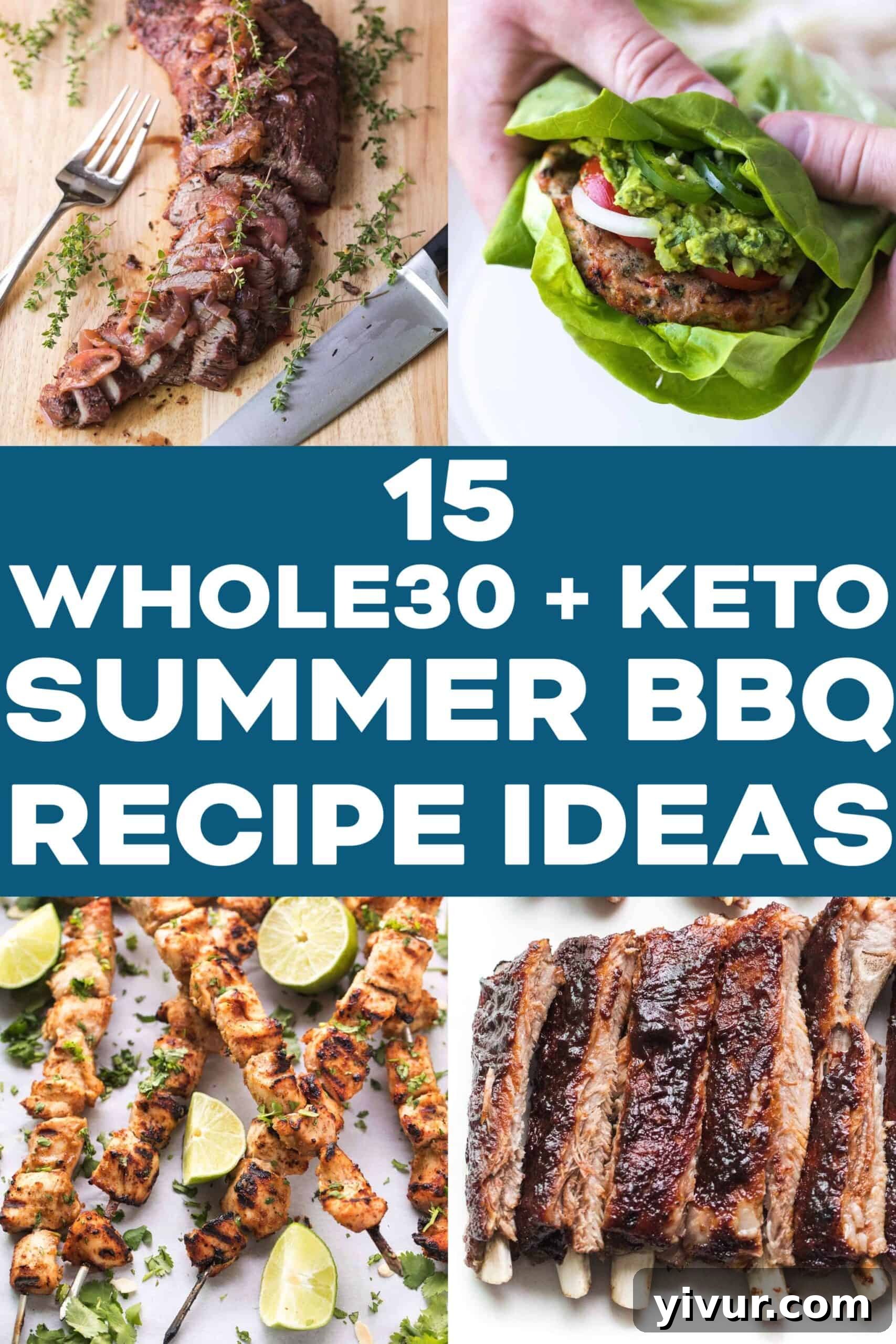 A vibrant summer barbecue spread featuring grilled meats and fresh vegetables, all keto and Whole30 compliant.