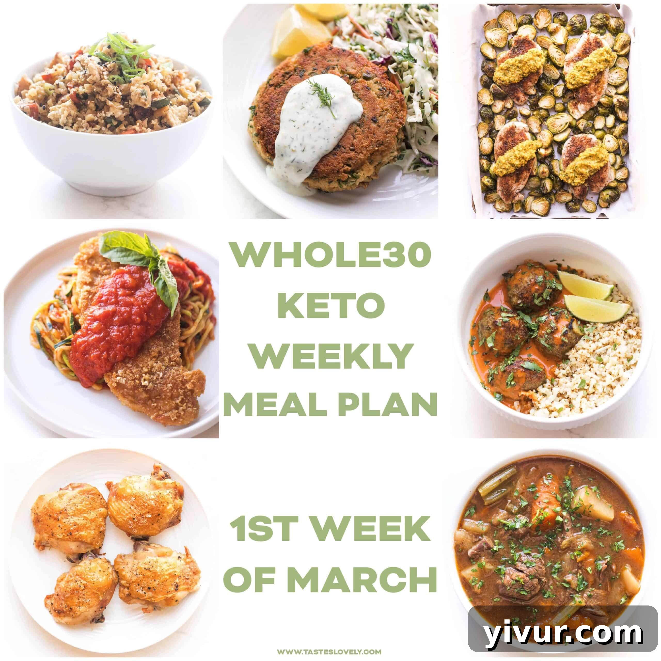 A vibrant, fresh grocery haul displaying a variety of Whole30 and Keto compliant ingredients, including colorful vegetables, lean meats, and healthy fats, neatly arranged on a kitchen counter.