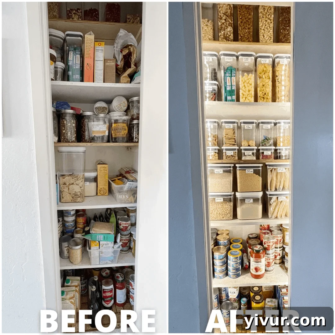 Organized pantry with clear storage containers and labels