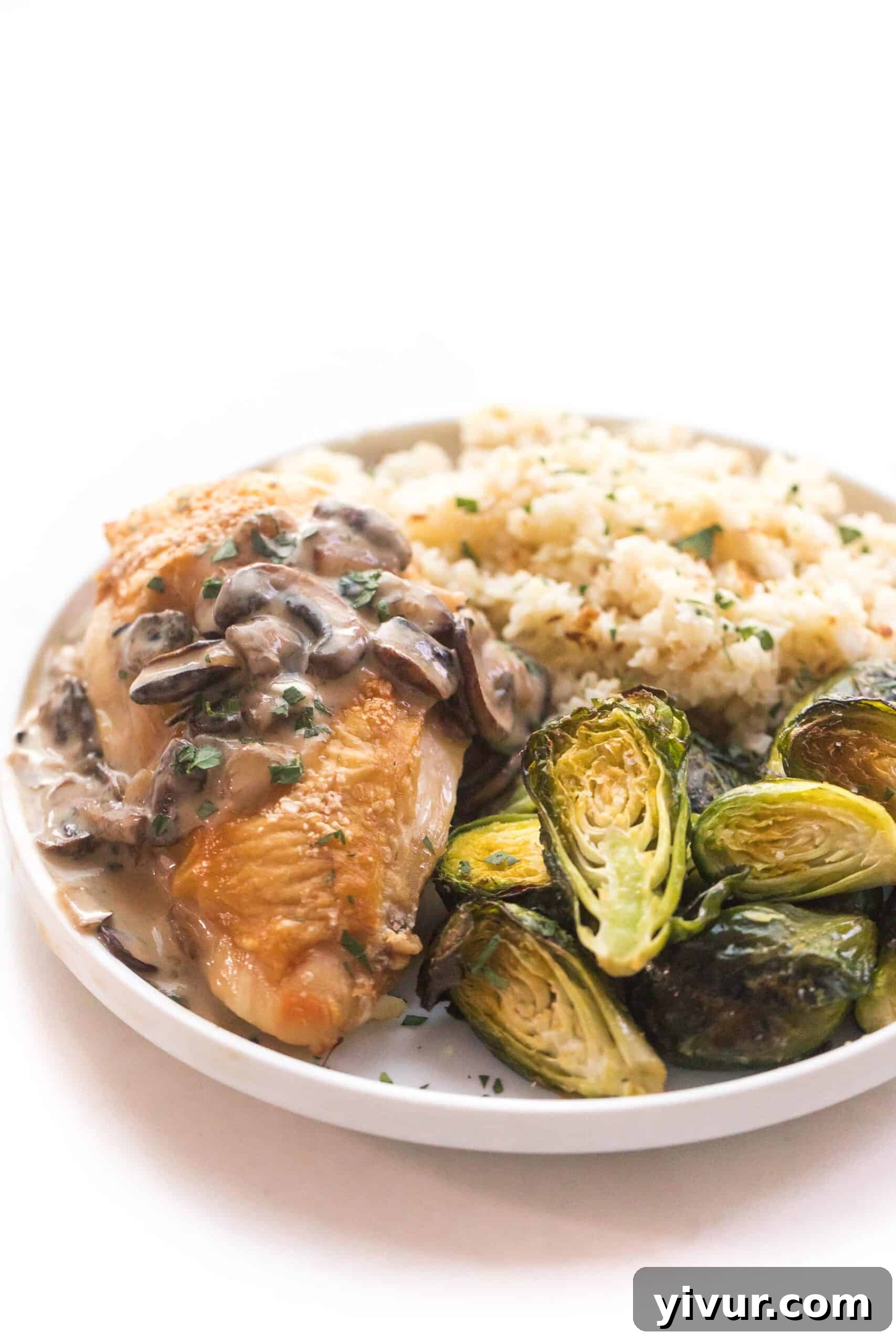 Close-up of crispy chicken with creamy mushroom gravy, garnished with fresh herbs
