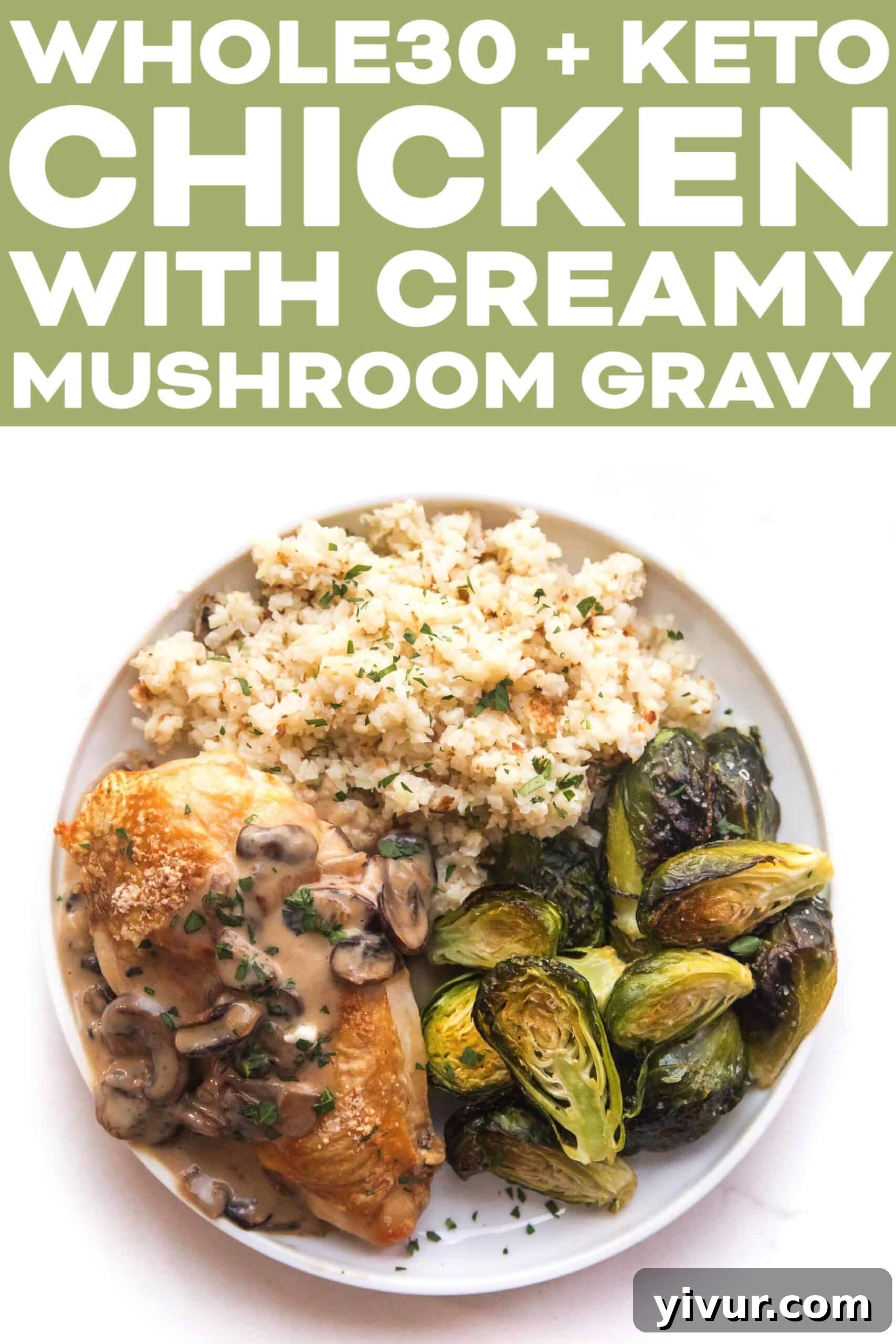 A serving of Whole30 Keto Chicken with Creamy Mushroom Gravy next to a sprig of fresh herbs